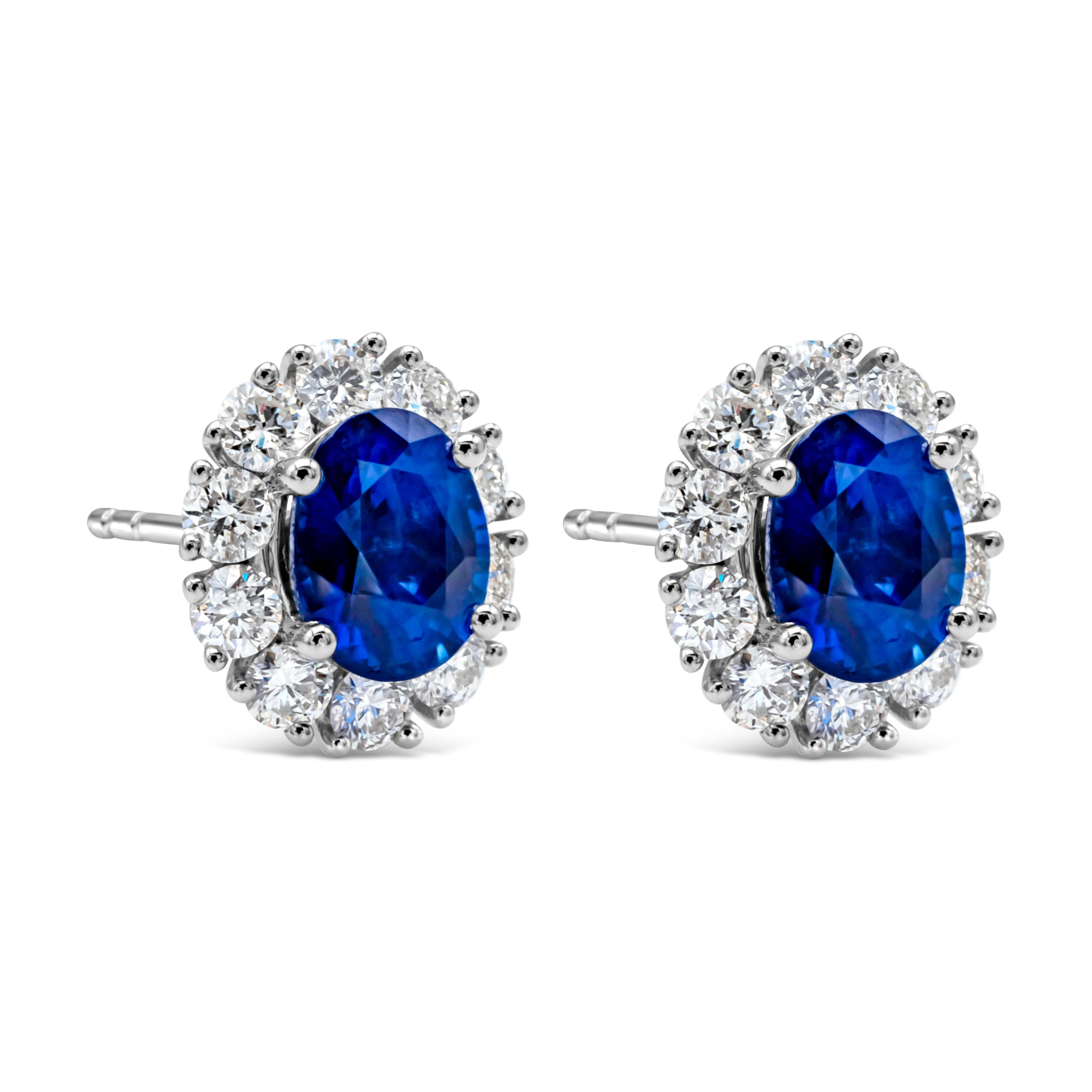 Contemporary Roman Malakov 2.29 Carats Total Oval Cut Blue Sapphire & Diamond Stud Earrings For Sale