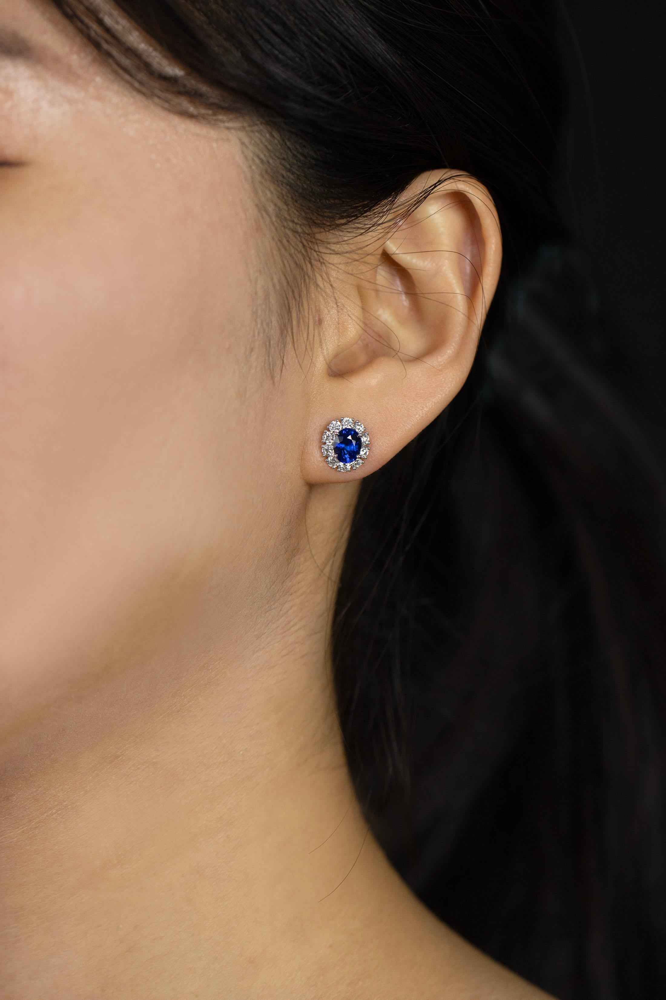 Women's Roman Malakov 2.29 Carats Total Oval Cut Blue Sapphire & Diamond Stud Earrings For Sale