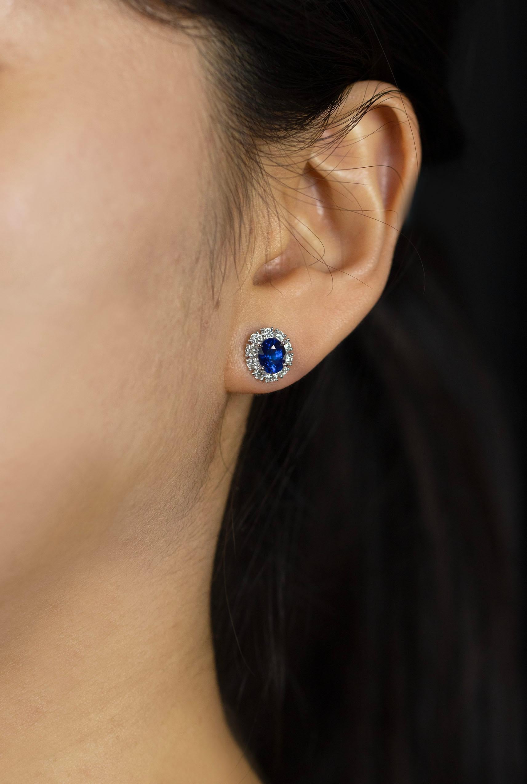Roman Malakov 2.29 Carats Total Oval Cut Blue Sapphire & Diamond Stud Earrings For Sale 1