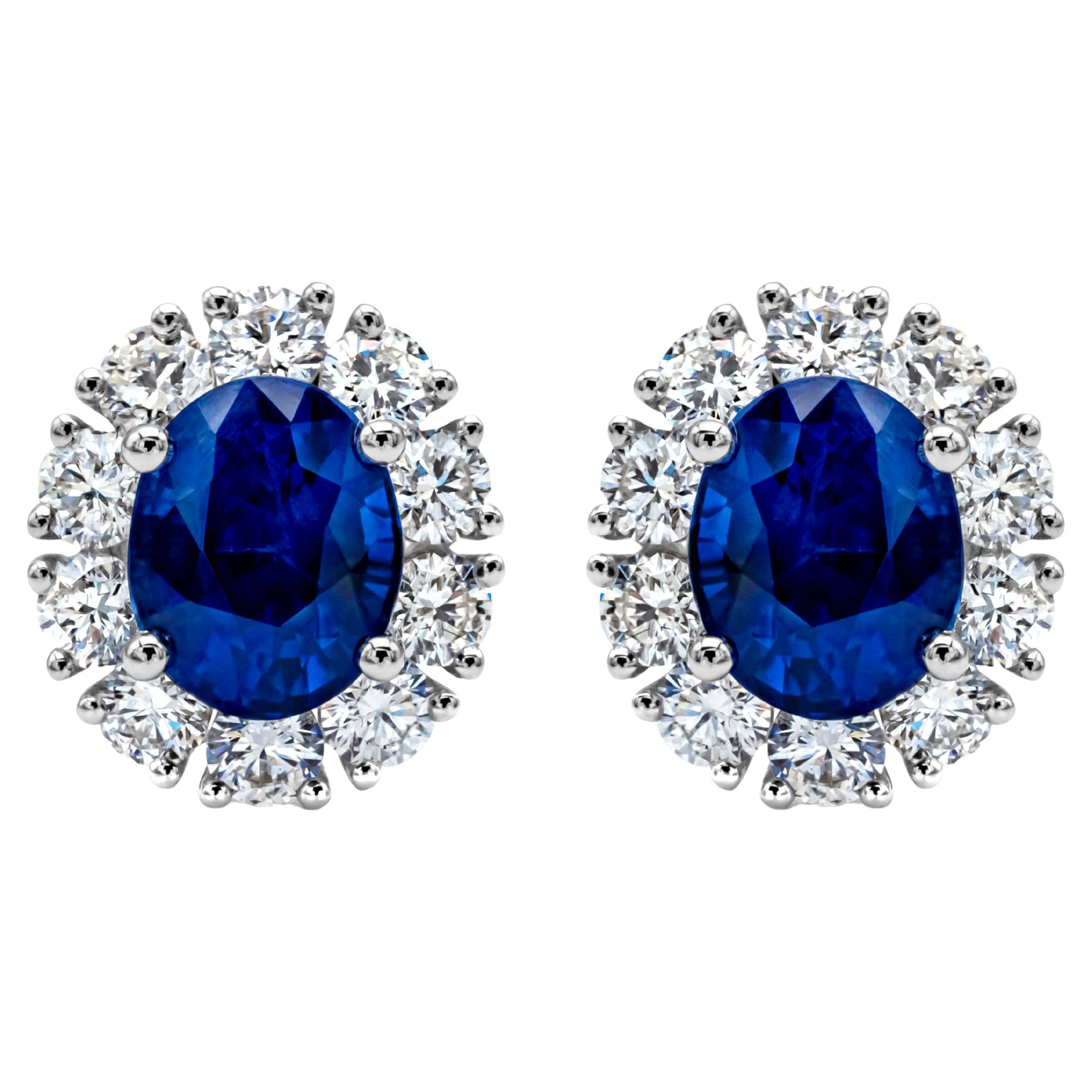 Roman Malakov 2.29 Carats Total Oval Cut Blue Sapphire & Diamond Stud Earrings For Sale