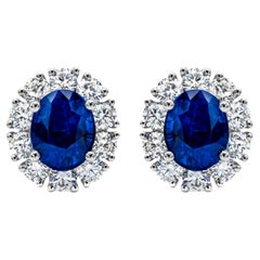 Roman Malakov 2.29 Carats Total Oval Cut Blue Sapphire & Diamond Stud Earrings