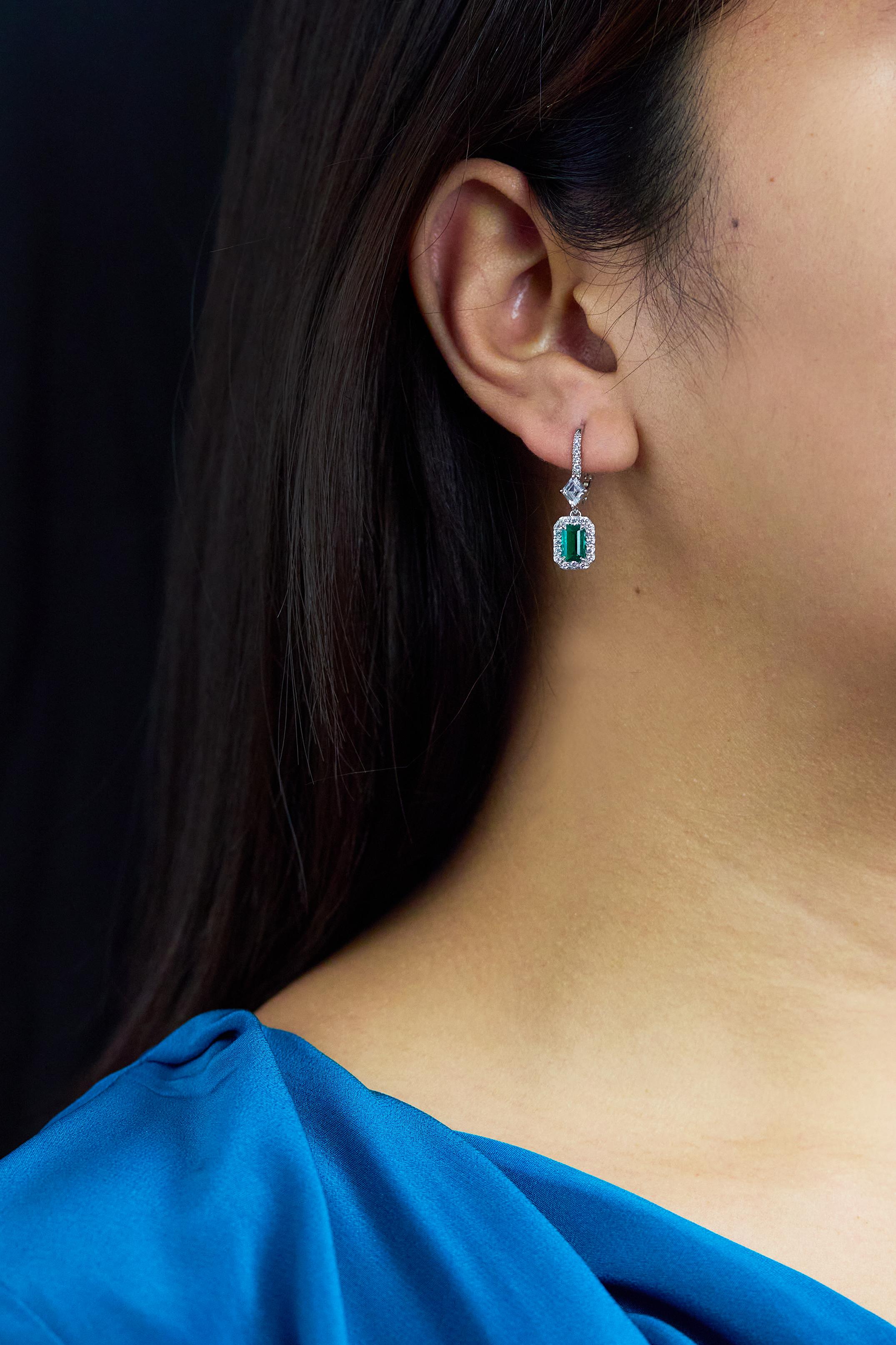 Emerald Cut Roman Malakov 2.30 Carats Colombian Emerald and Diamond Halo Dangle Earrings For Sale