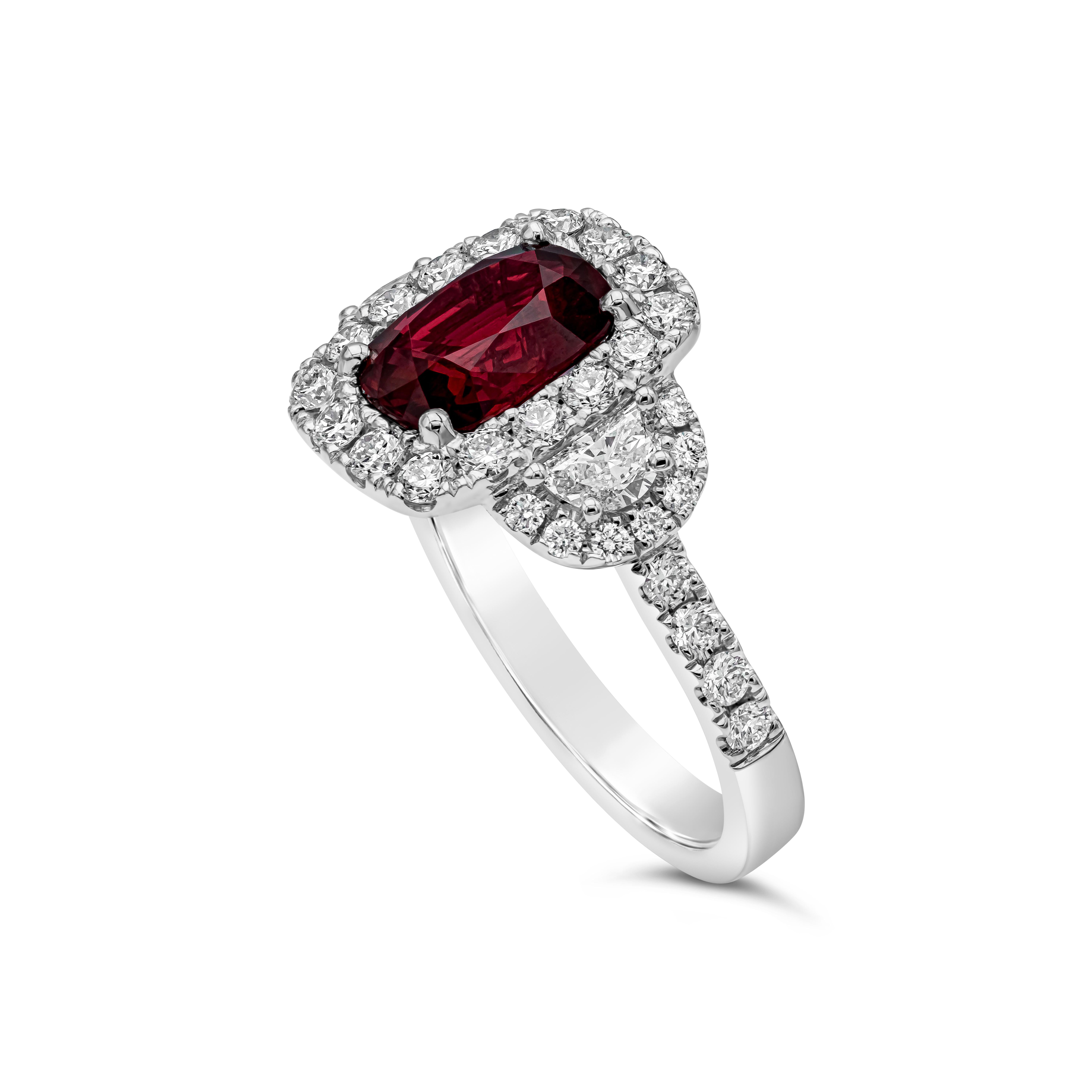 Contemporary GRS Certified 2.32 Carats Cushion Cut Ruby & Diamond Three-Stone Engagement RIng For Sale