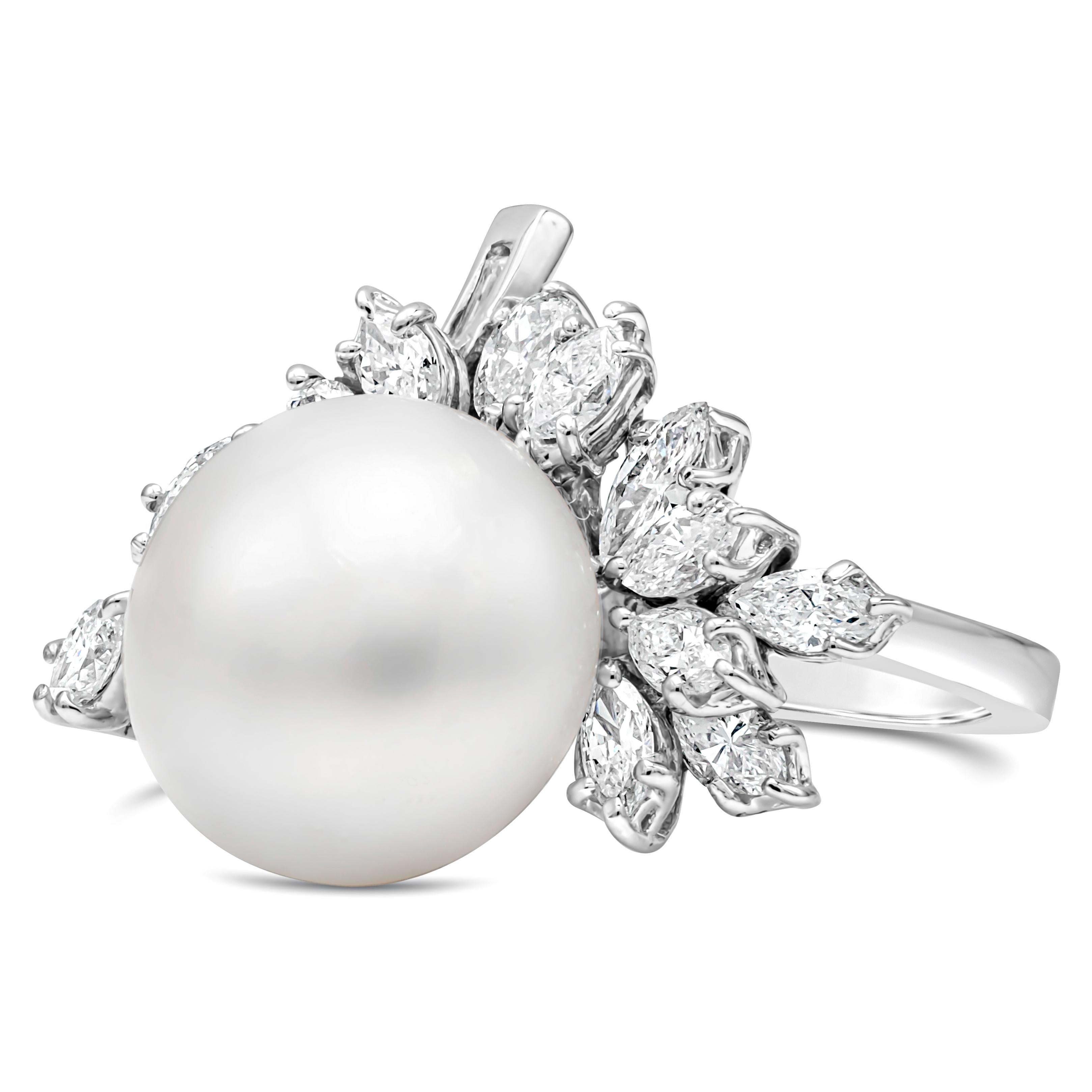 An elegant pearl and diamonds cocktail ring features a 14.50mm white south sea pearl, accented by a cluster of mixed-shape diamonds weighing 2.37 carats total. Made in 18K White Gold. 

Style available in different price ranges. Prices are based on