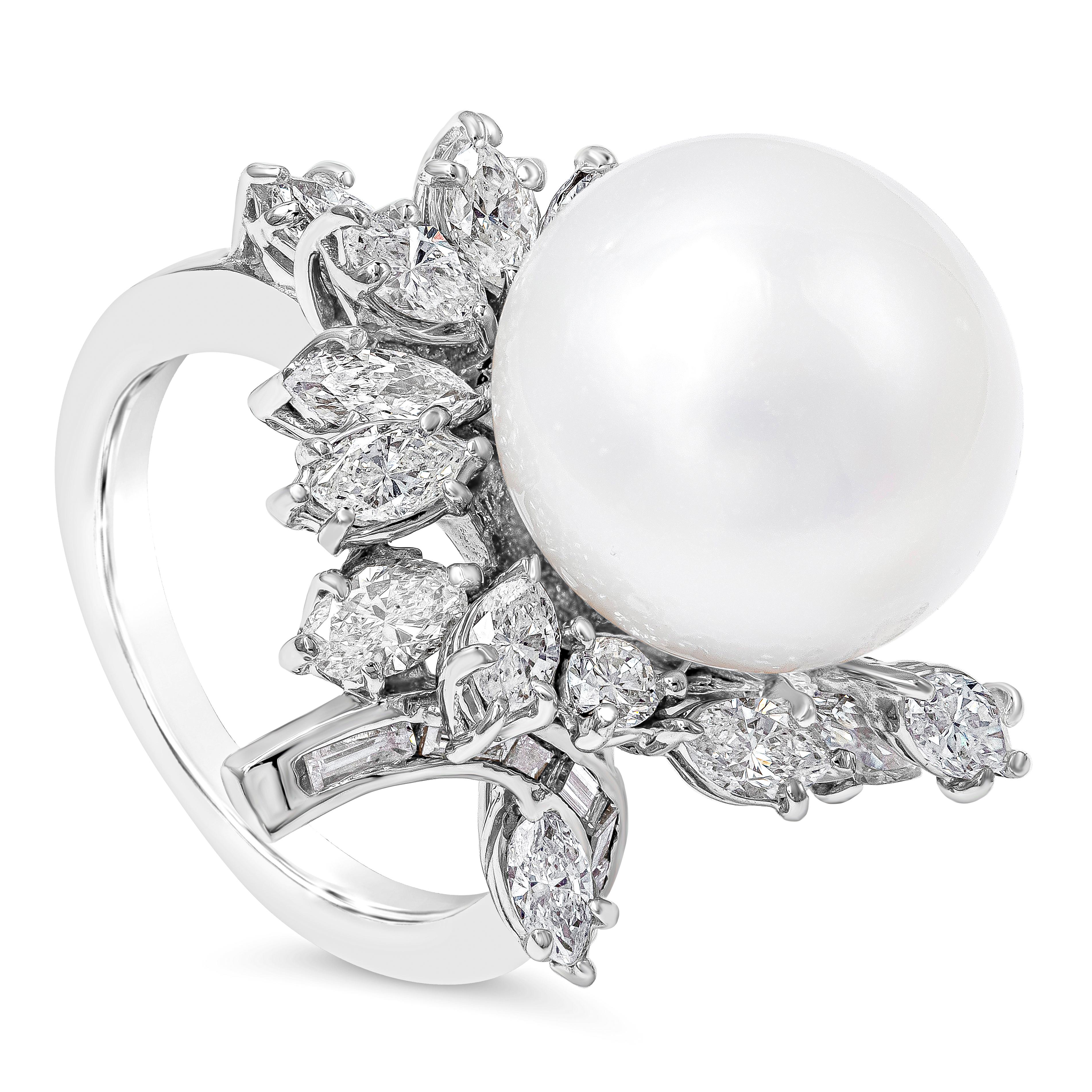 Roman Malakov 2.37 Carat Mixed-Cut Diamond Cluster & White Pearl Cocktail Ring In New Condition For Sale In New York, NY