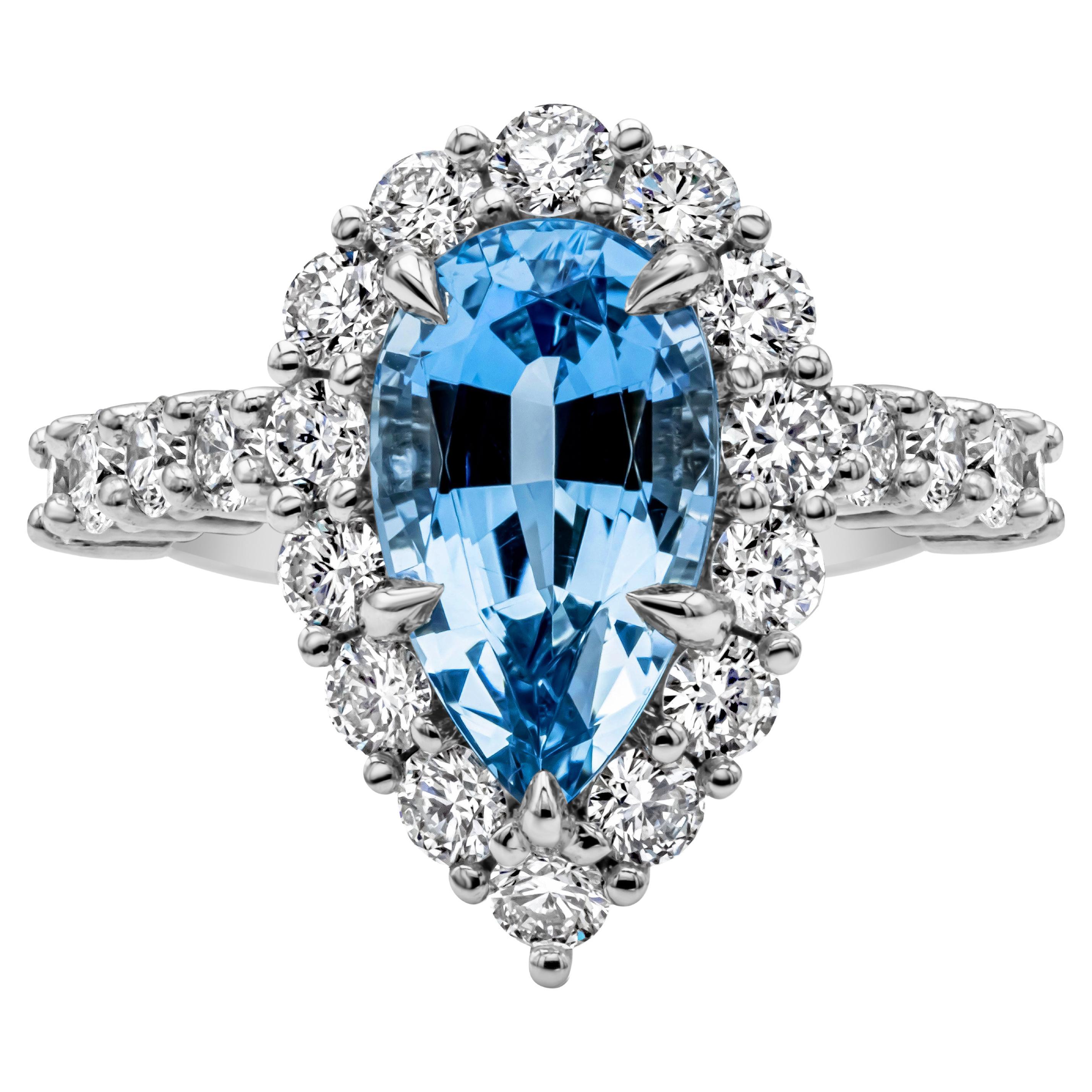 Roman Malakov 2.45 Carats Pear Shape Aquamarine and Diamond Halo Engagement Ring For Sale