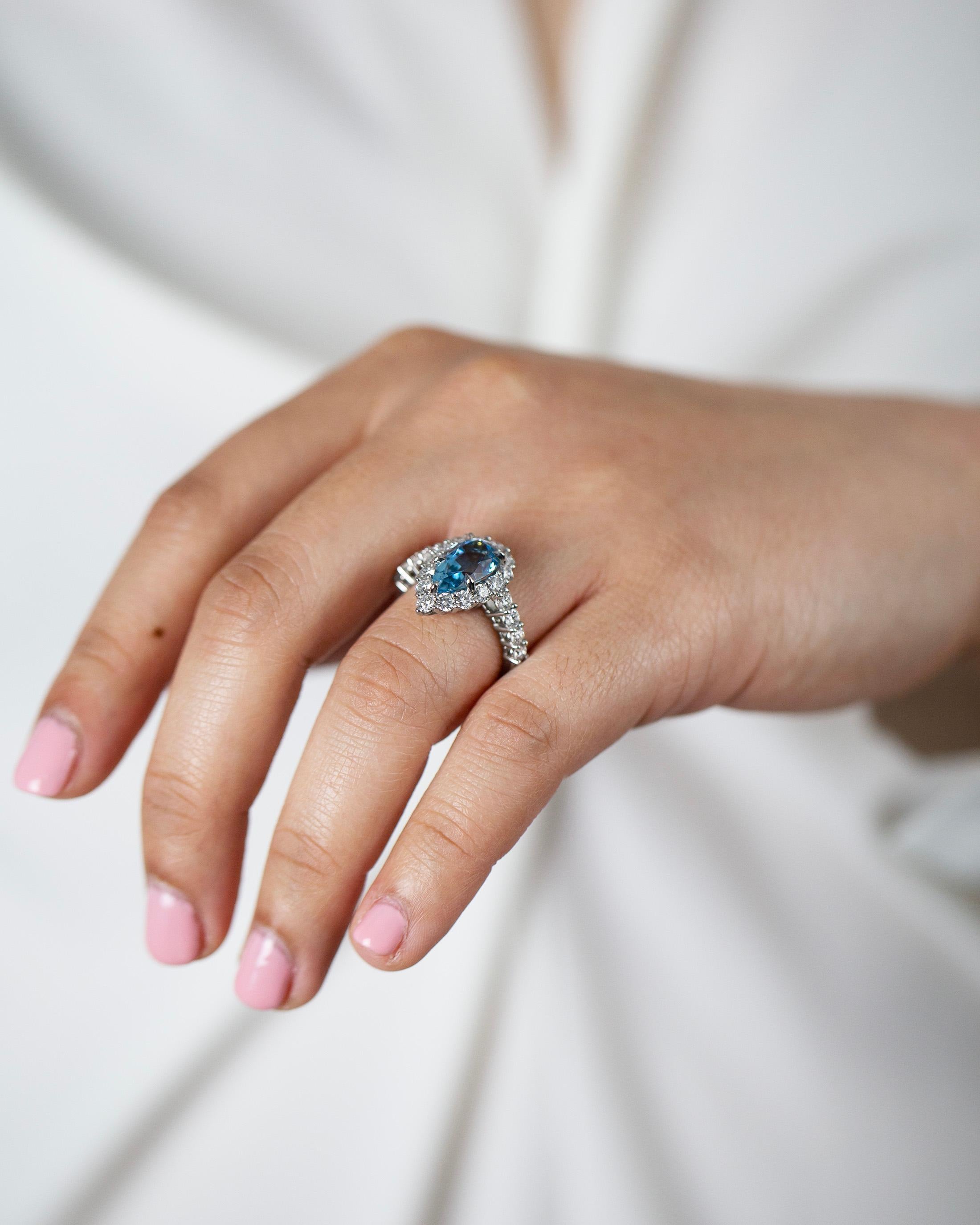 Women's Roman Malakov 2.45 Carats Pear Shape Aquamarine and Diamond Halo Engagement Ring For Sale