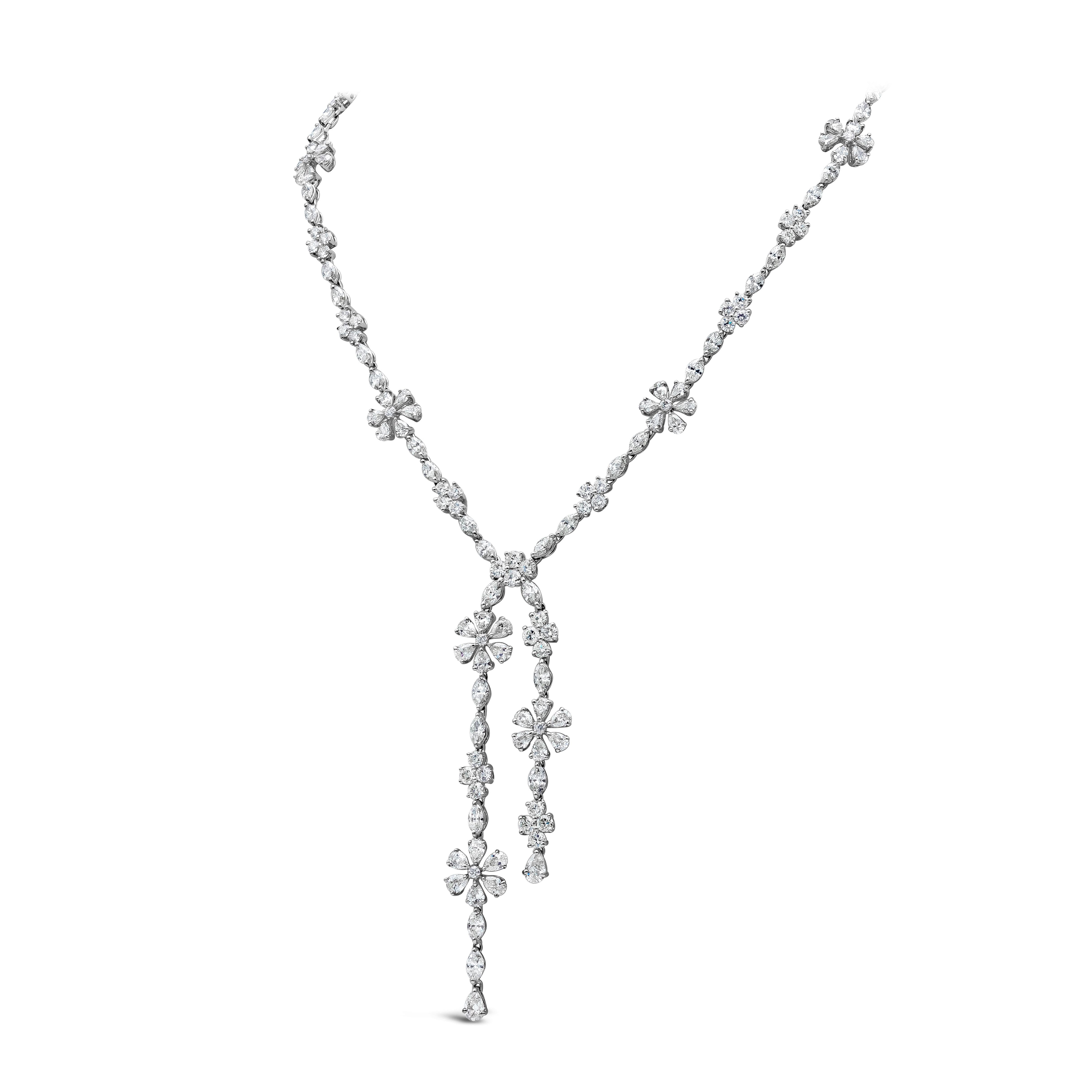 An elegant mixed-cut diamond necklace showcasing 83 round diamonds weighing 7.41 carats. 49 marquise cut diamonds weighing 9.99 carats, and 44 pear shape diamonds weighing 7.37 carats, with a total weight of 24.77 carats. Flower-Motif inspired on a
