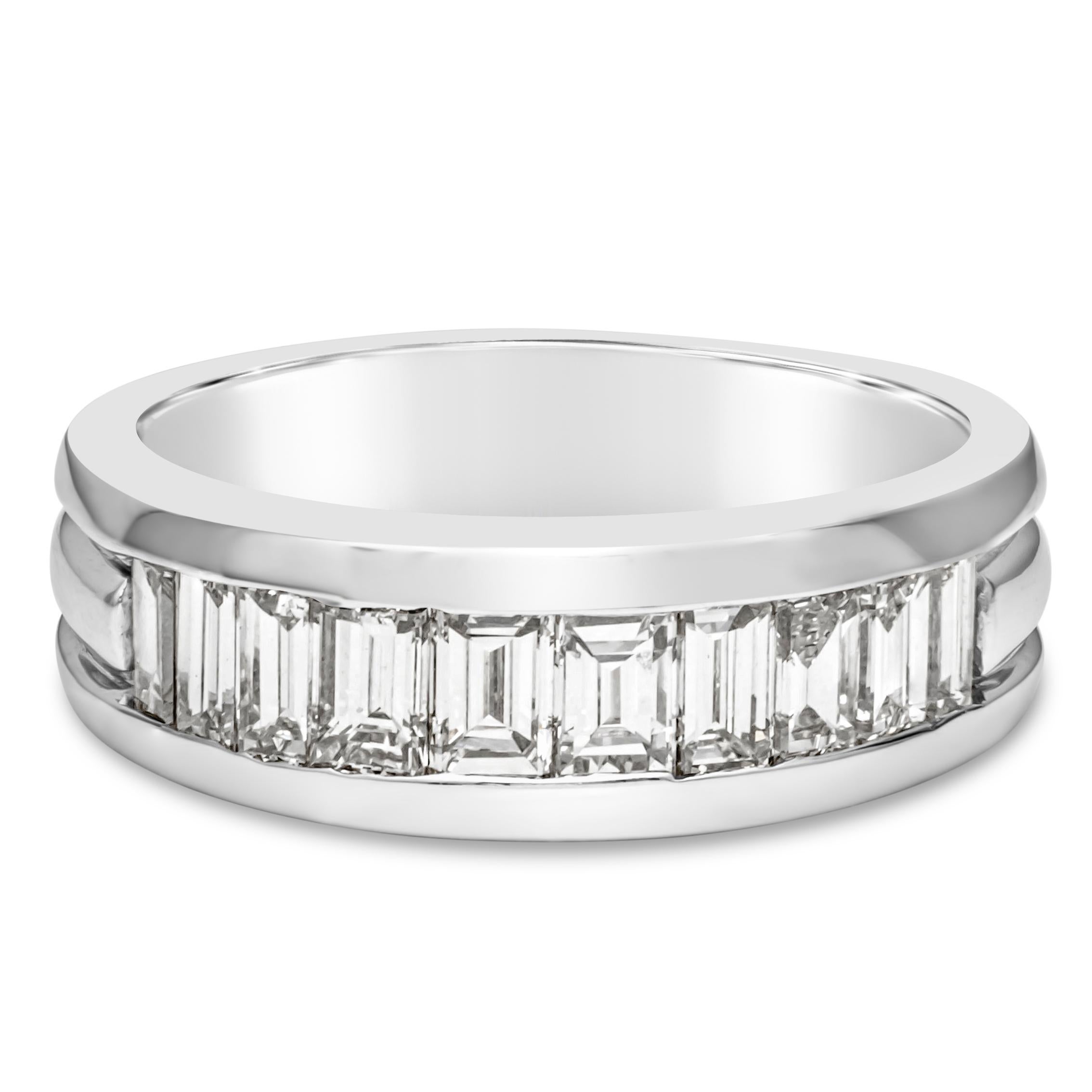 A subtle yet distinctive men's wide wedding band, showcasing 10 baguette cut diamonds weighing 2.50 carats total, mounted in a half-way channel setting. Finely made in 18K white gold, 8.09 mm in width. Size 11.5 US, resizable upon request. 

Roman