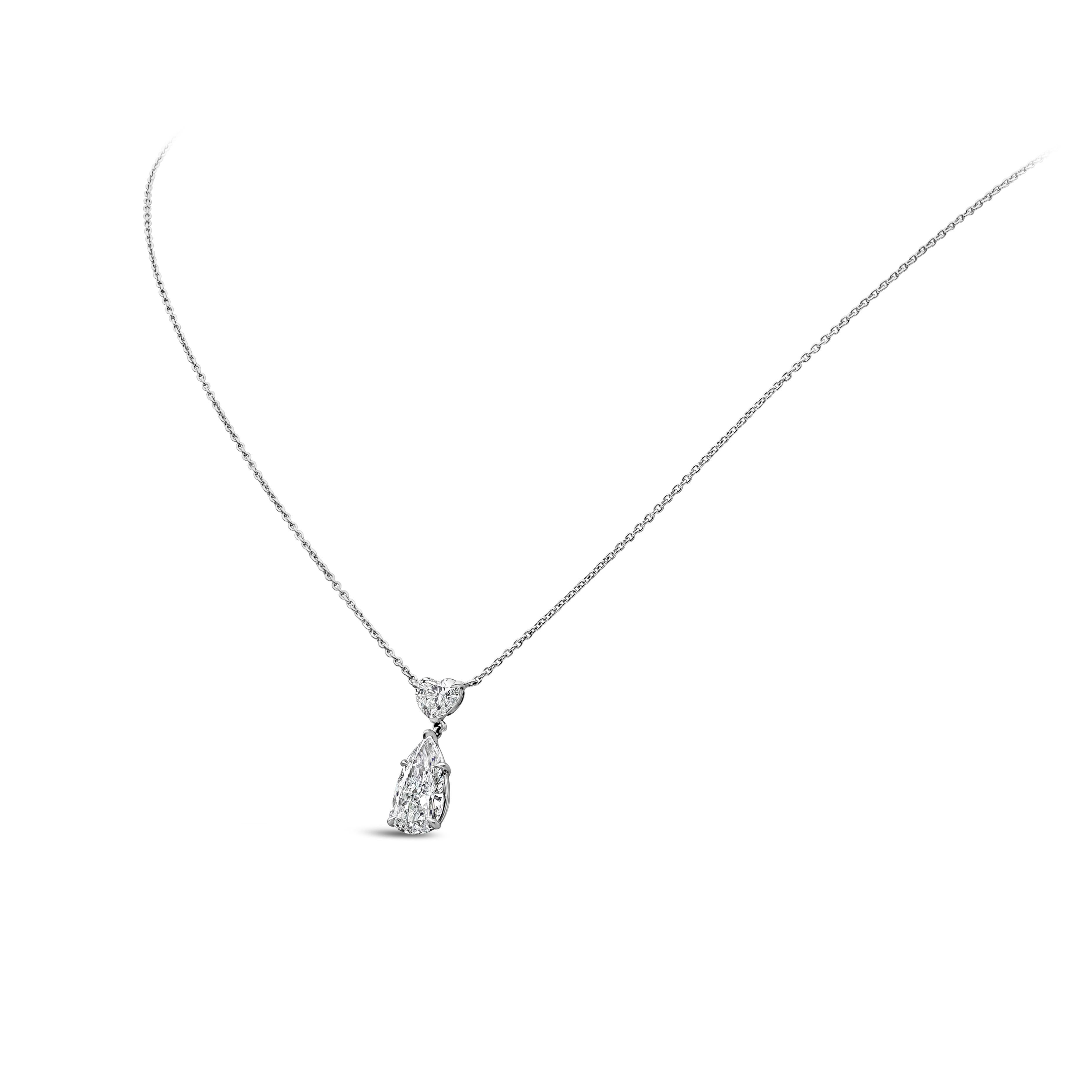 Contemporary Roman Malakov 2.60 Carat Total Pear and Heart Shape Diamond Pendant Necklace For Sale