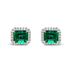2.41 Carats Emerald Cut Colombian Muzo Emerald with Diamond Halo Stud Earrings