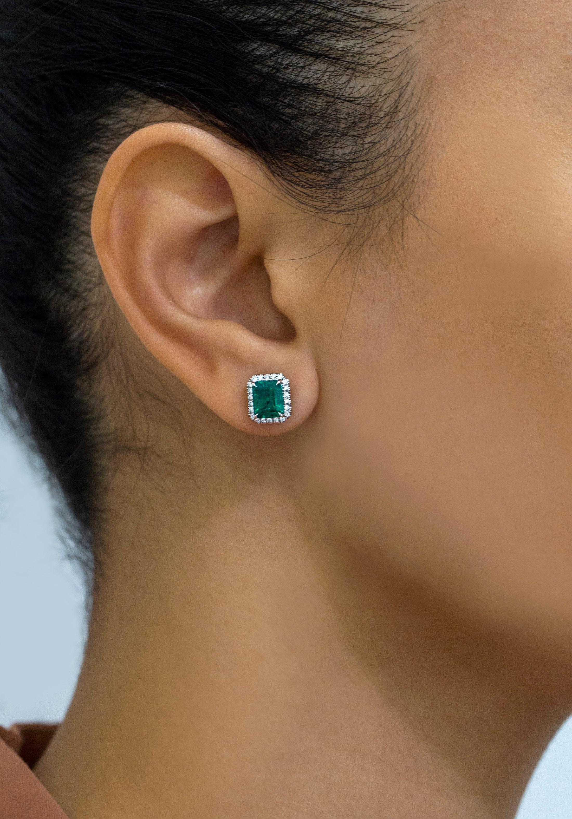 Women's 2.41 Carats Emerald Cut Colombian Muzo Emerald with Diamond Halo Stud Earrings For Sale