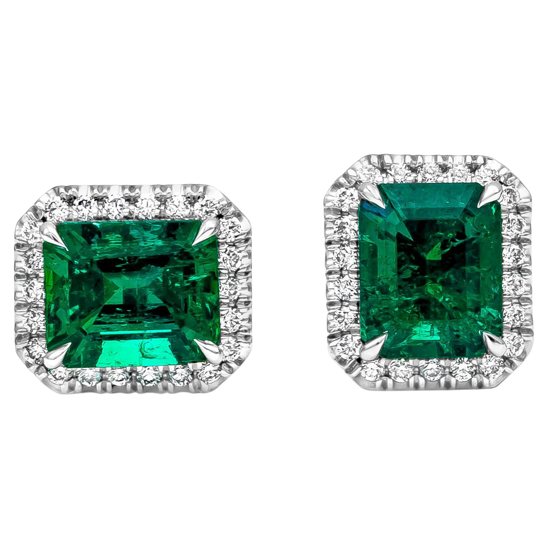 2.41 Carats Emerald Cut Colombian Muzo Emerald with Diamond Halo Stud Earrings For Sale