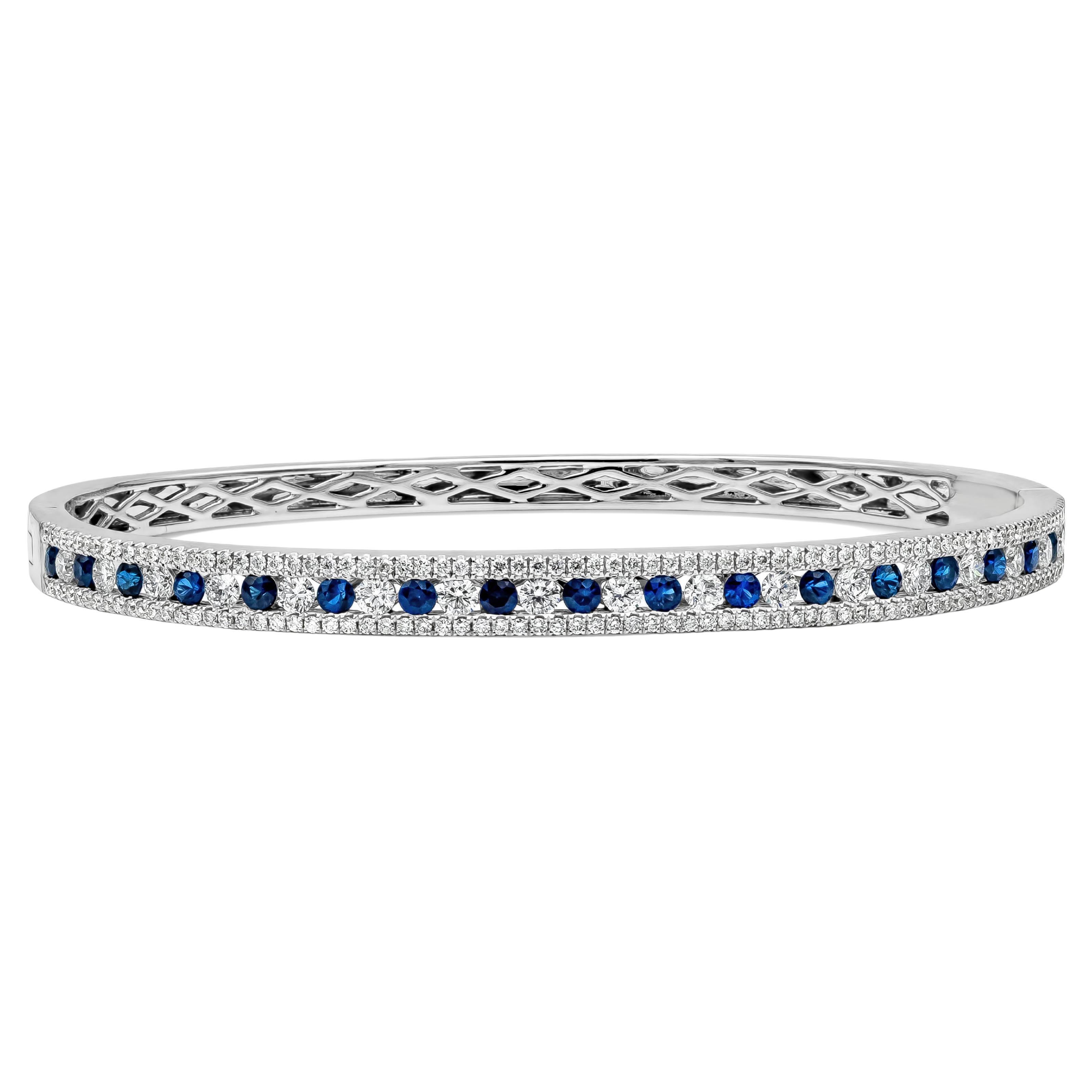Roman Malakov 2.63 Carats Alternating Blue Sapphire and Diamond Bangle Bracelet For Sale