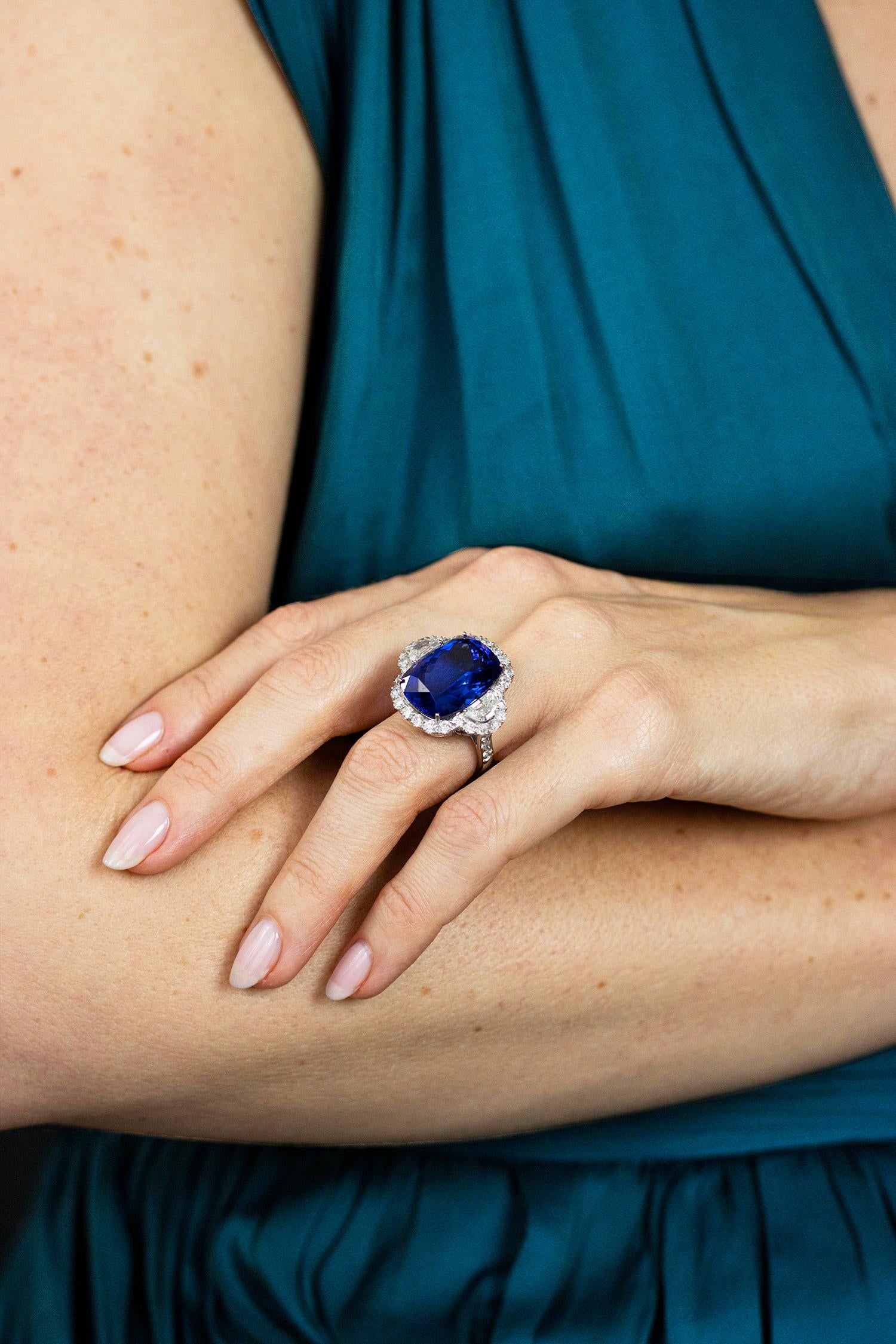 Contemporary Roman Malakov 26.35 Carats Cushion Cut Tanzanite & Diamond Halo Cocktail Ring For Sale