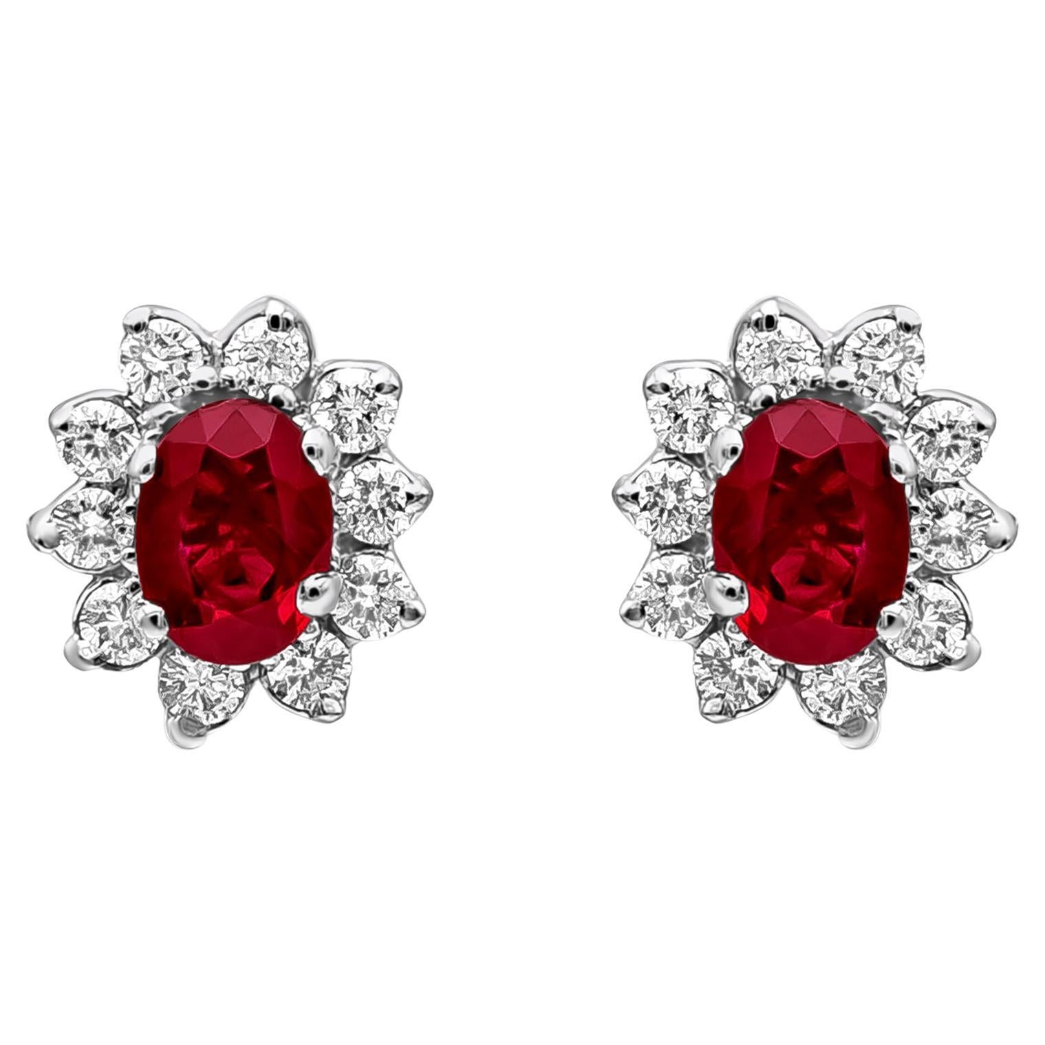 Roman Malakov, clous d'oreilles halo en rubis et diamants de taille ovale de 2,64 carats au total