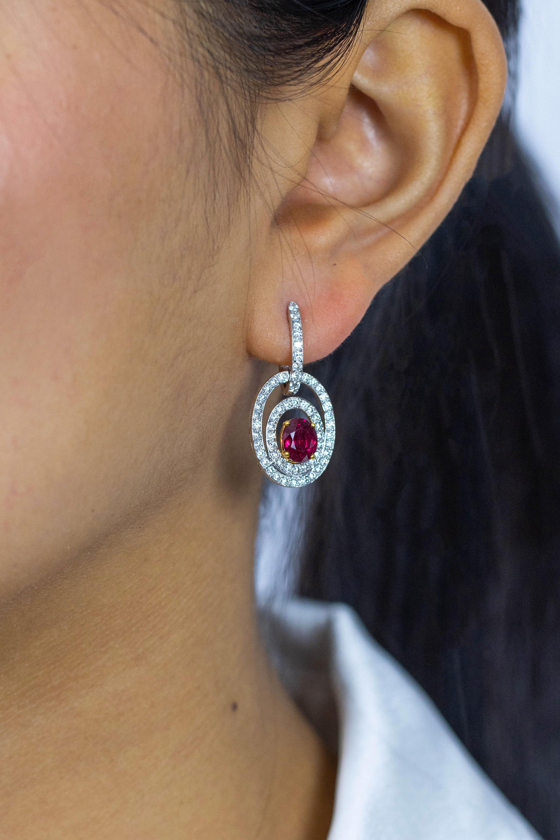 Women's Roman Malakov 2.67 Oval Cut Ruby with Round Diamond Dangle Earrings For Sale