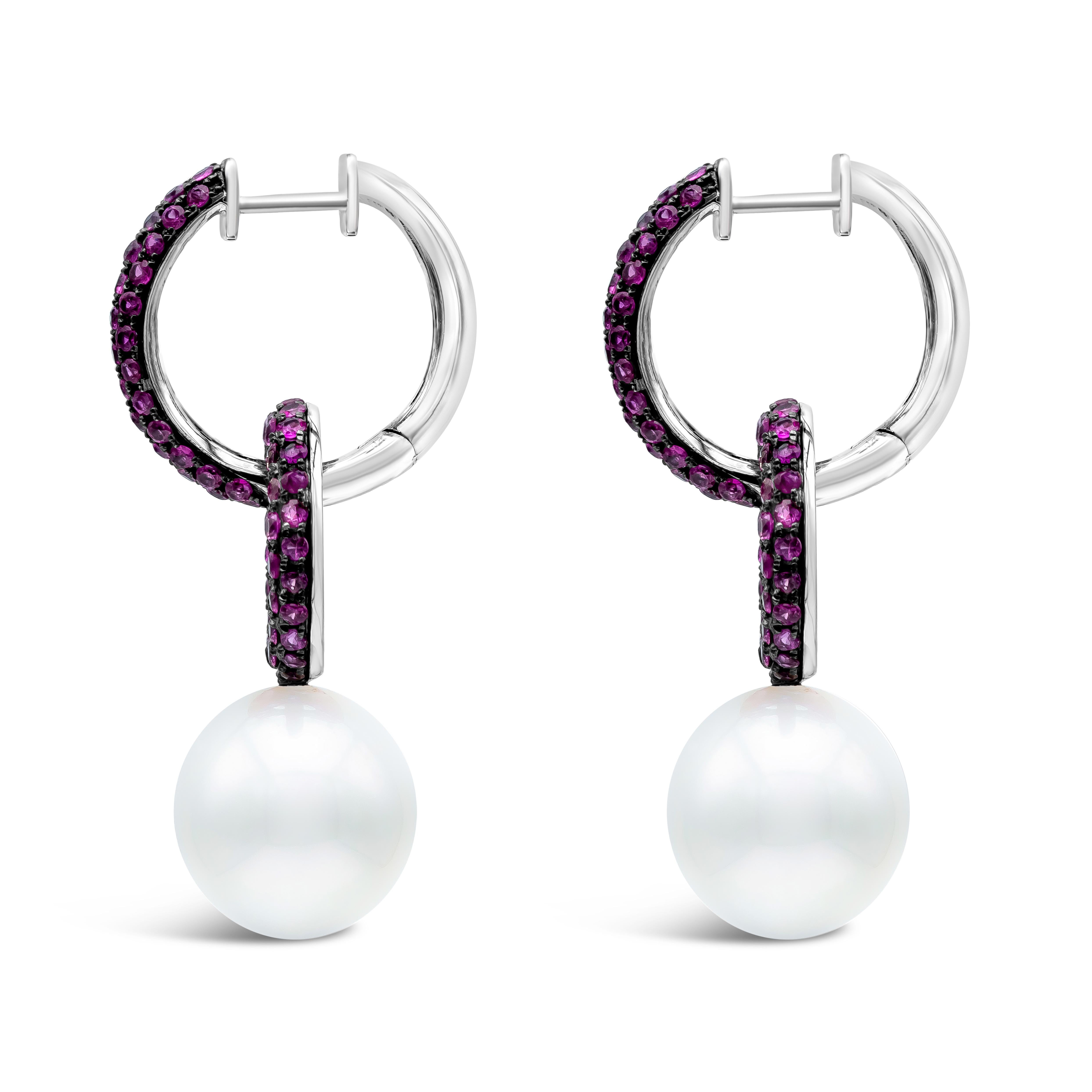 Contemporary Roman Malakov 2.70 Carat Total Pink Sapphire and South Sea Pearl Dangle Earrings For Sale