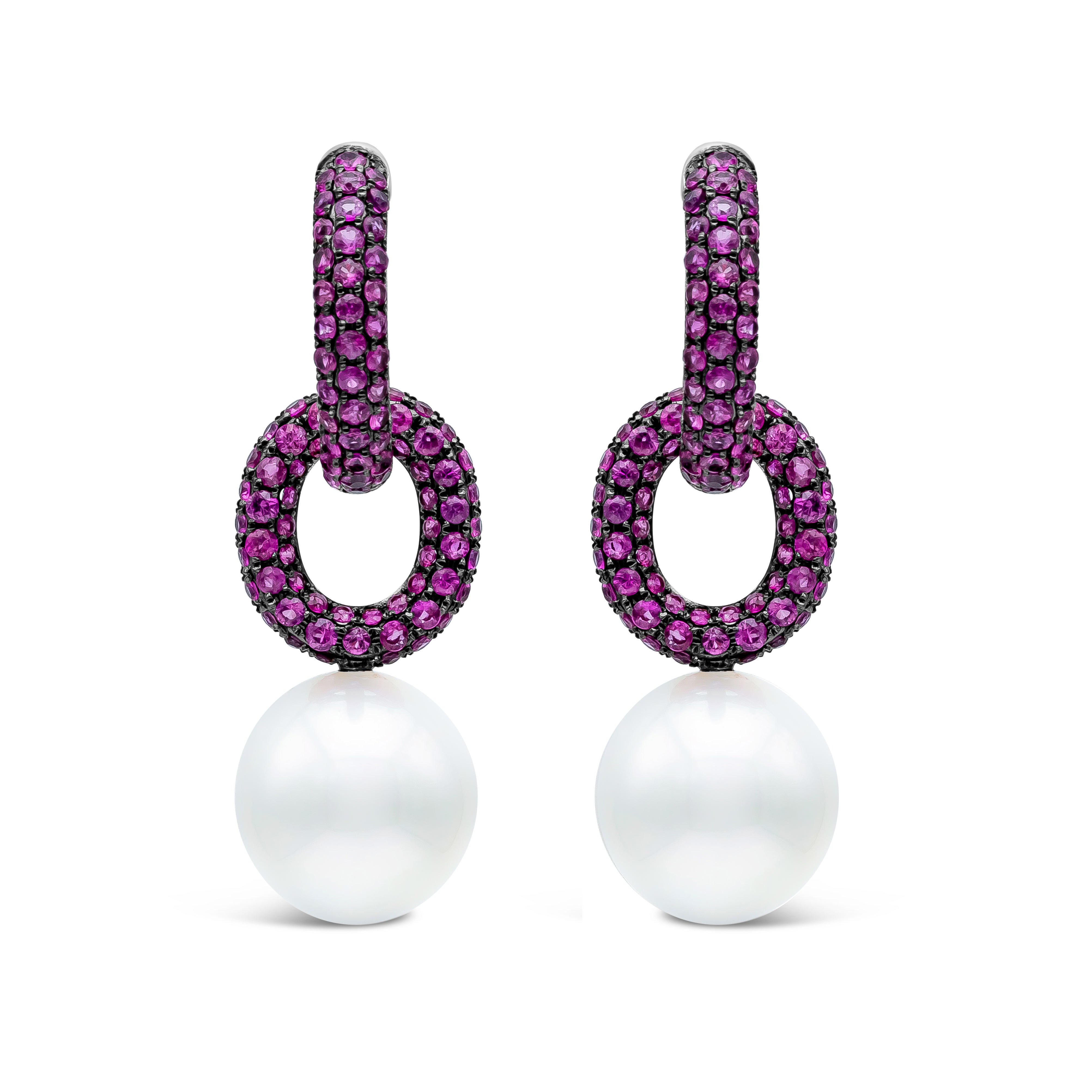Roman Malakov 2.70 Carat Total Pink Sapphire and South Sea Pearl Dangle Earrings For Sale
