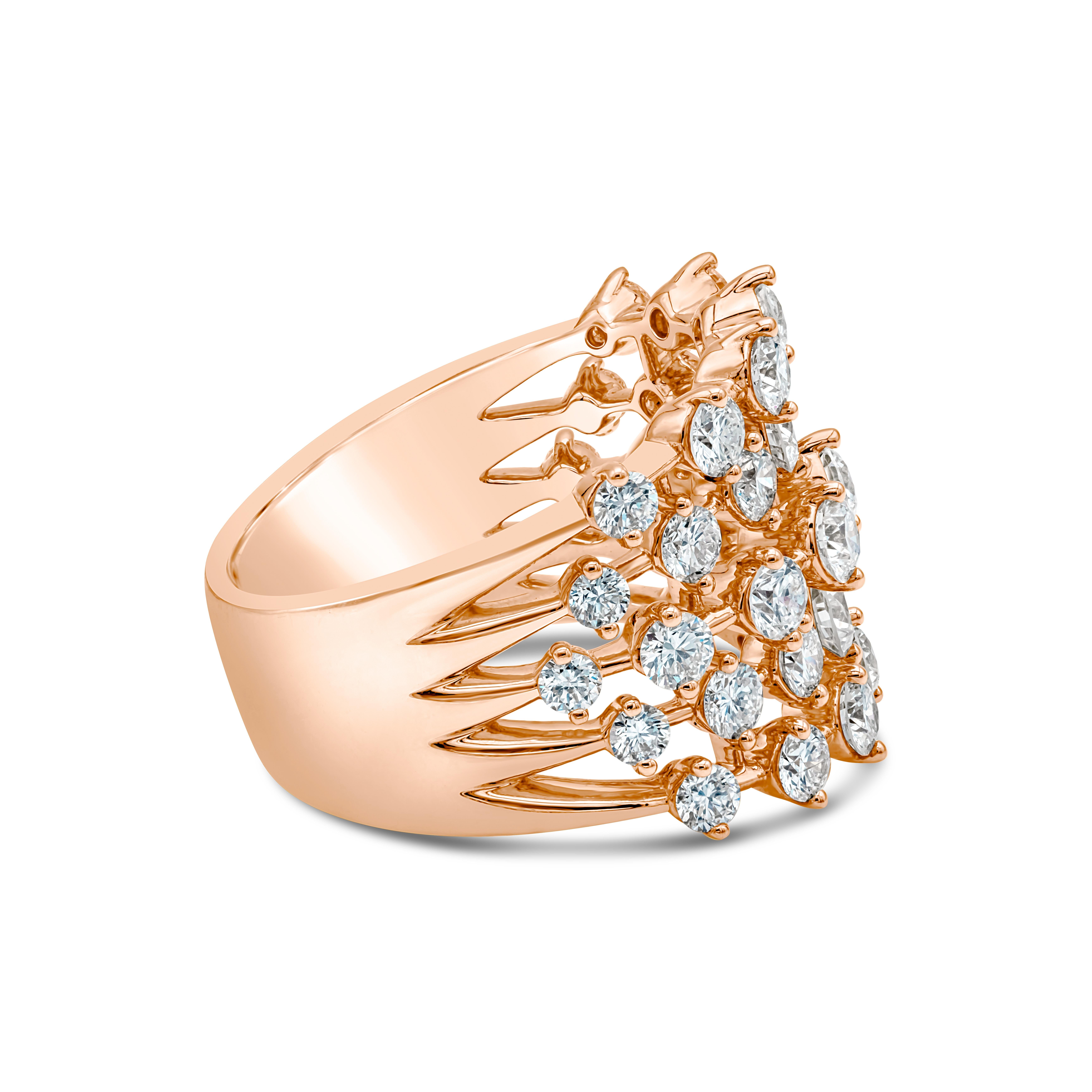 This fashion ring showcases 34 brilliant round diamonds weighing 2.71 carats total.  Each stone mounted in a two-prong setting. Made with 18K Rose Gold. Size 6.75 US.

Roman Malakov is a custom house, specializing in creating anything you can