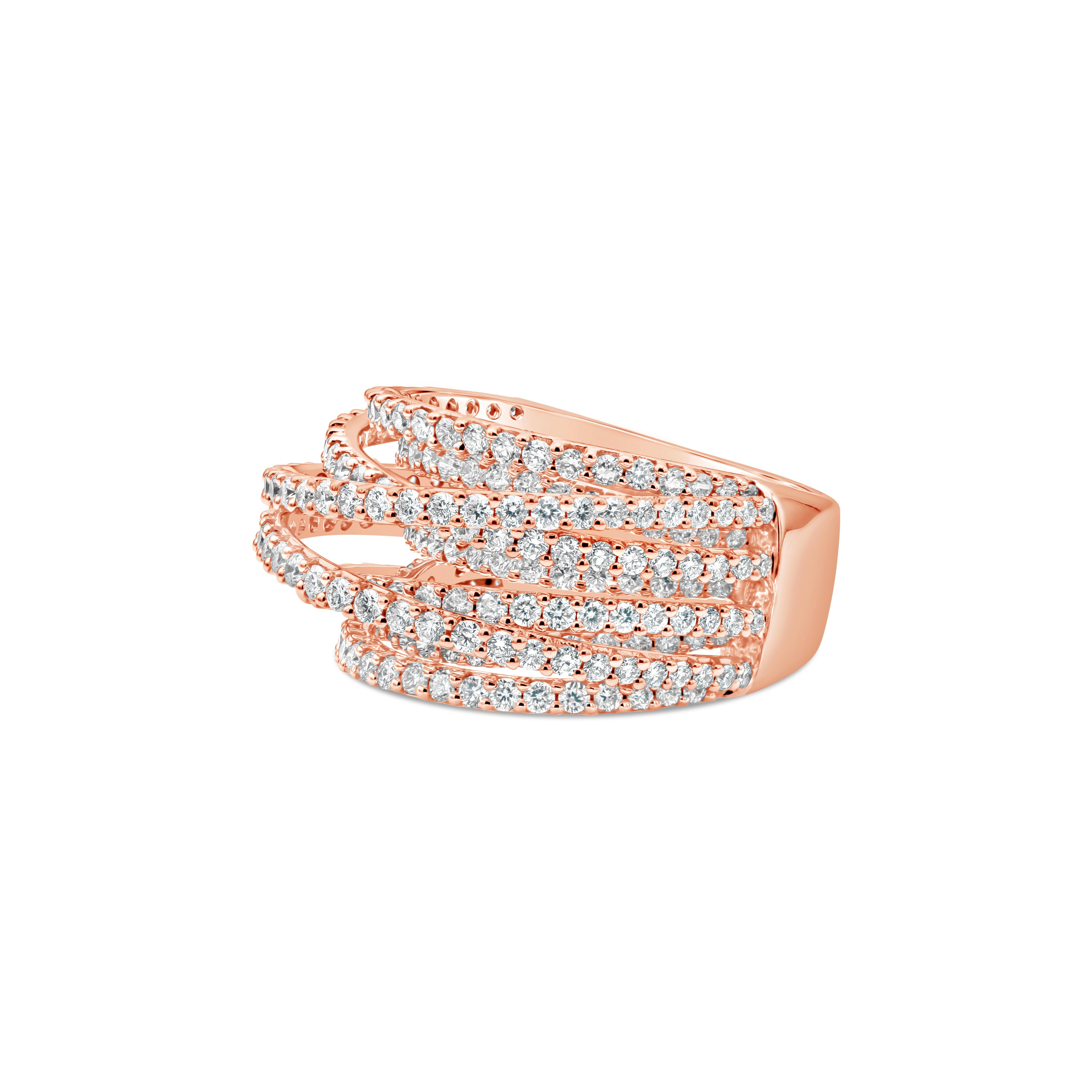 A trendy design fashion ring showcasing multi rows of brilliant round diamonds weighing 2.74 carats total, G Color and VS in Clarity. Made in 18K Rose Gold.

Style available in different price ranges. Prices are based on your selection. Please