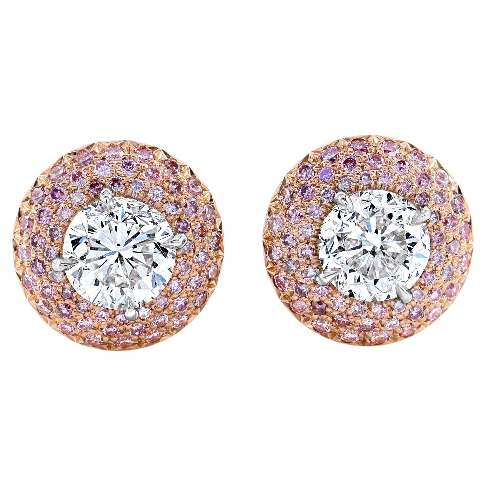 Boucles d'oreilles Roman Malakov 2.75 Carats Total Brilliant Round et Pink Diamond en vente
