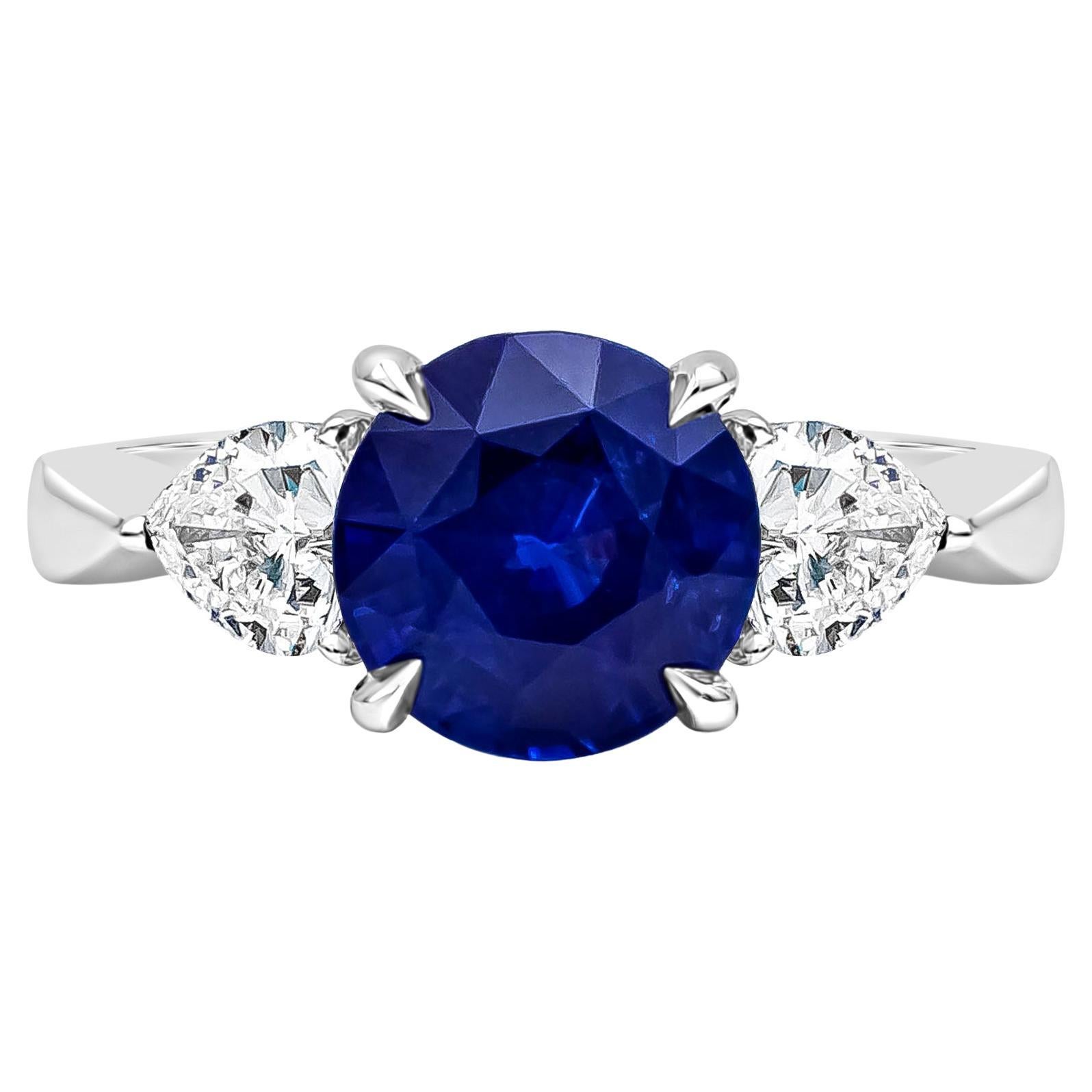 Roman Malakov 2.77 Carat Round Cut Blue Sapphire Three-Stone Engagement Ring For Sale