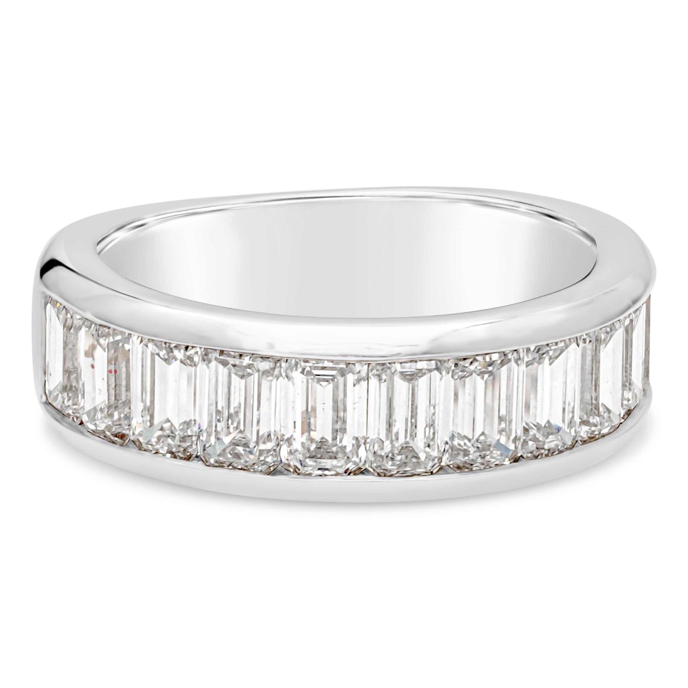 This simple and classy wide wedding band showcasing 11 emerald cut diamonds weighing 2.80 carats total, mounted in a half-way channel setting. Finely made in platinum and Size 6.5 US resizable upon request. G-H color VS-VVS clarity

Style available