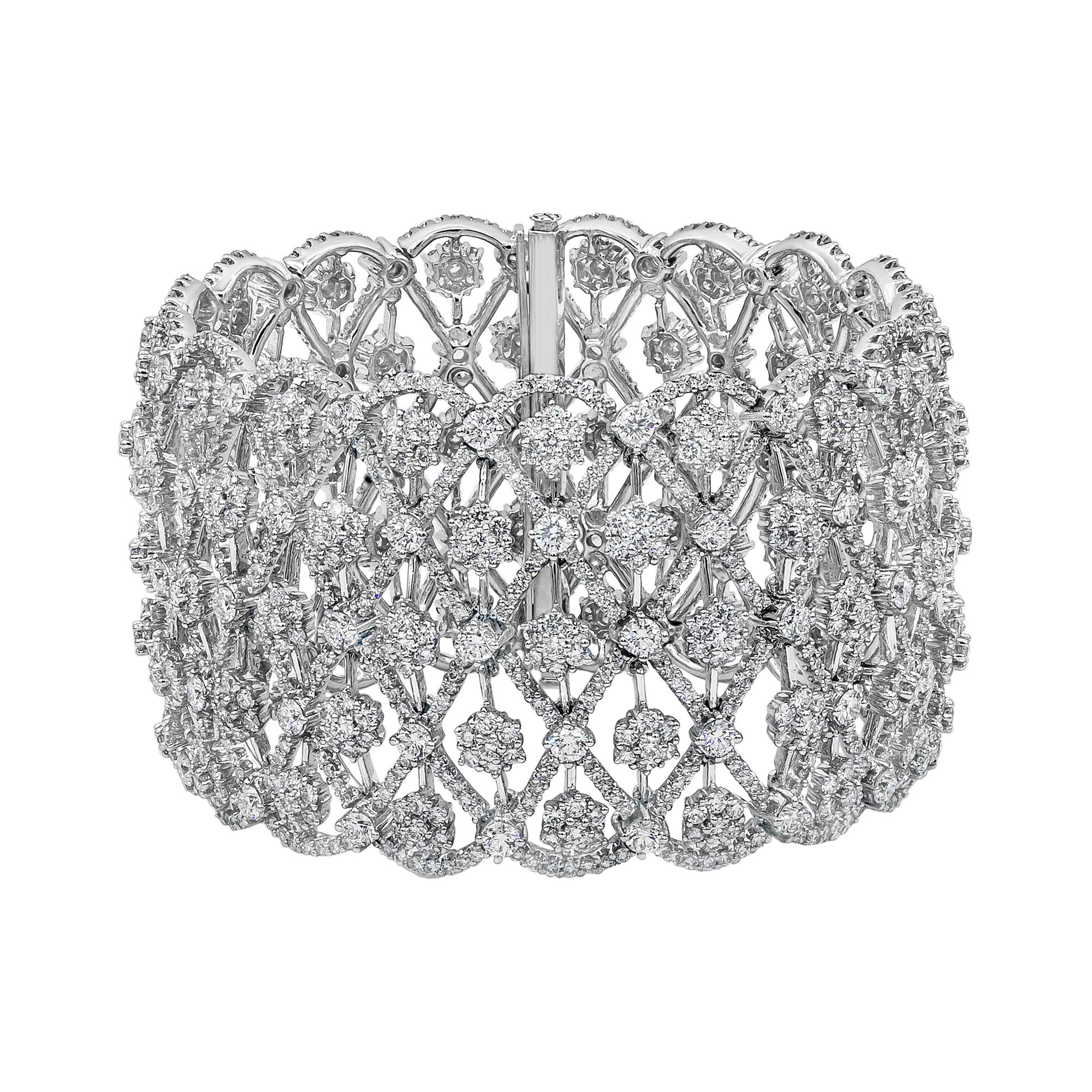 Roman Malakov 28.17 Carats Total Round Diamond Cluster Wide Fashion Bracelet For Sale