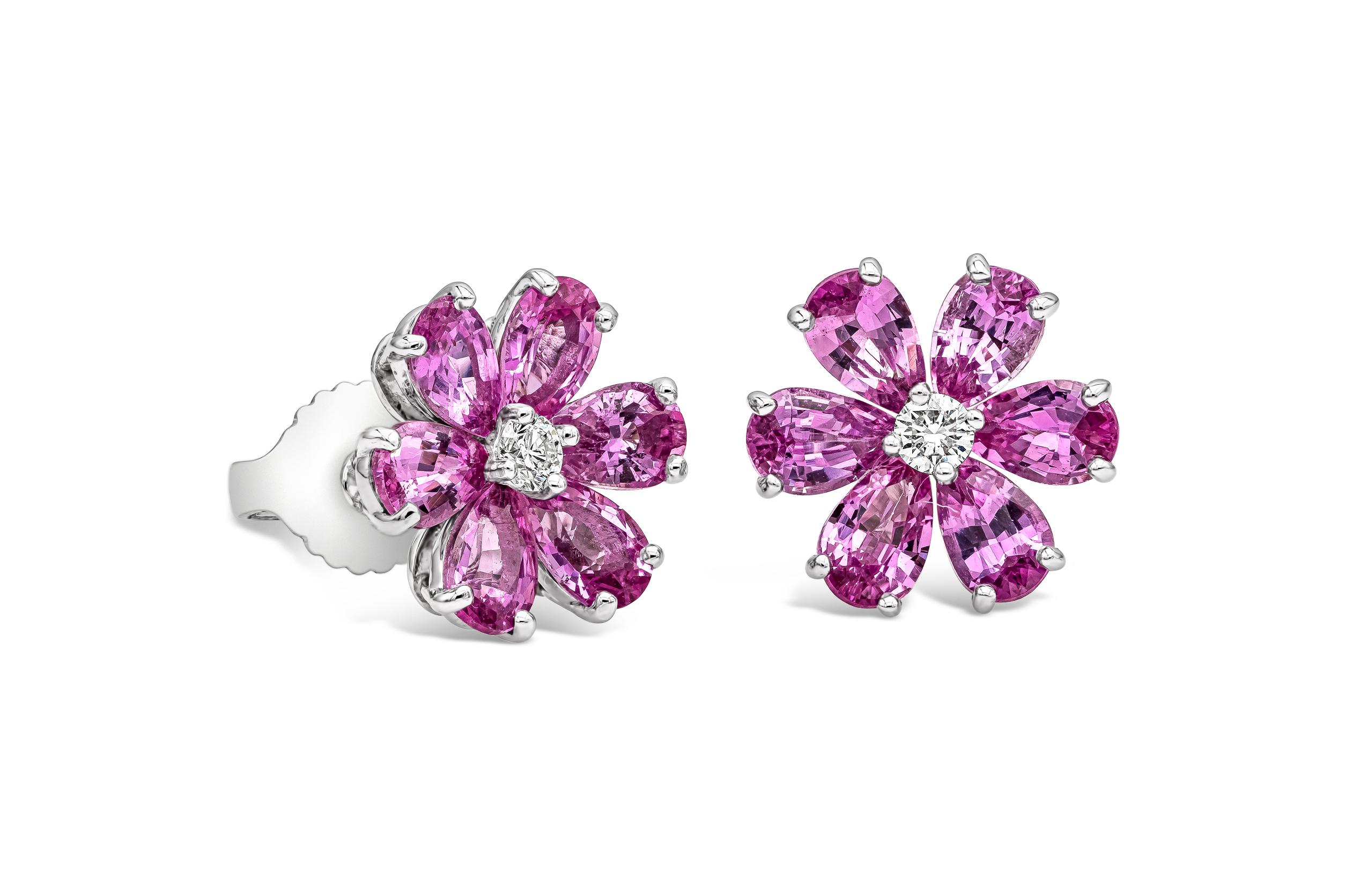 Contemporary Roman Malakov 2.94 Carat Pink Sapphire and Diamond Flower Earrings
