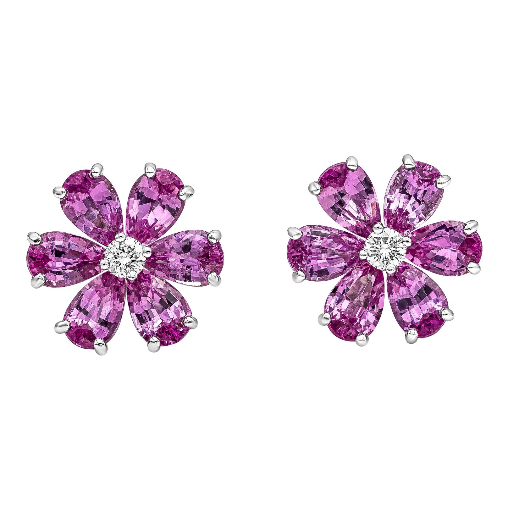 Roman Malakov 2.94 Carat Pink Sapphire and Diamond Flower Earrings