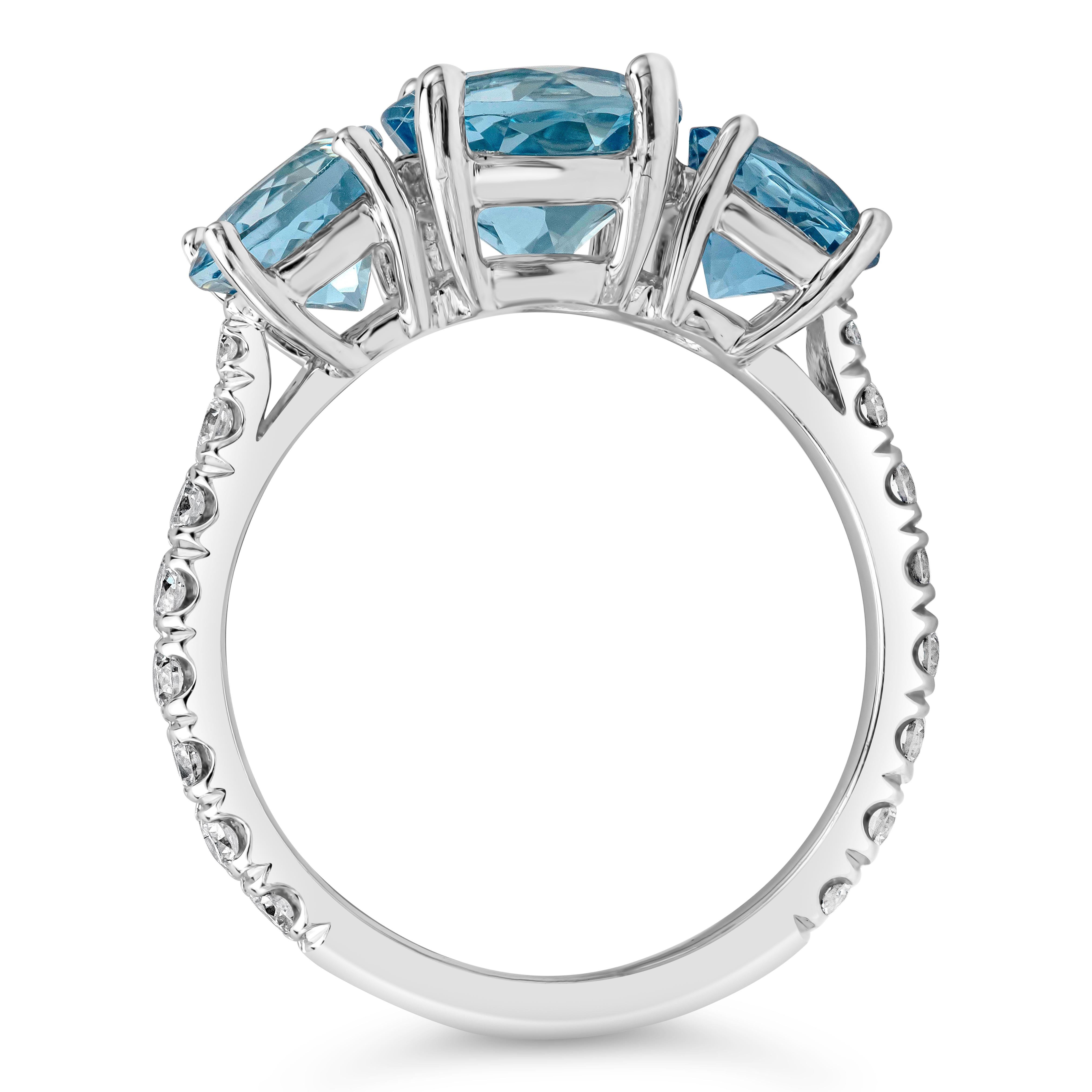 Contemporary Roman Malakov 2.94 Carats Total Round Aquamarine Three-Stone Engagement Ring For Sale
