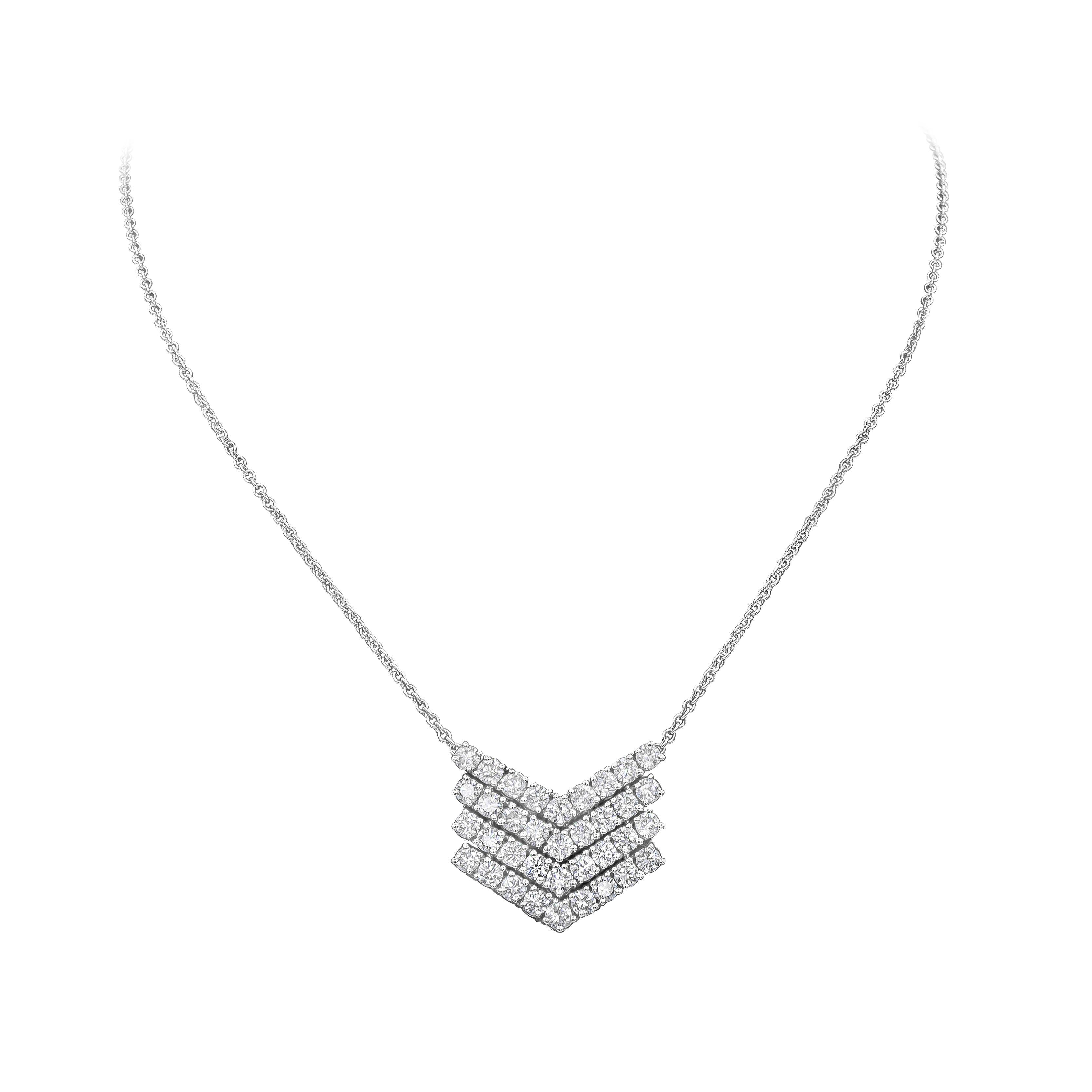 A brilliant pendant necklace showcasing four rows of round brilliant diamonds, set in an elegant chevron pattern design. Diamonds weigh 2.96 carats total. Suspended on a 16 inch adjustable white gold chain and Finely made in 18k white gold.

Style
