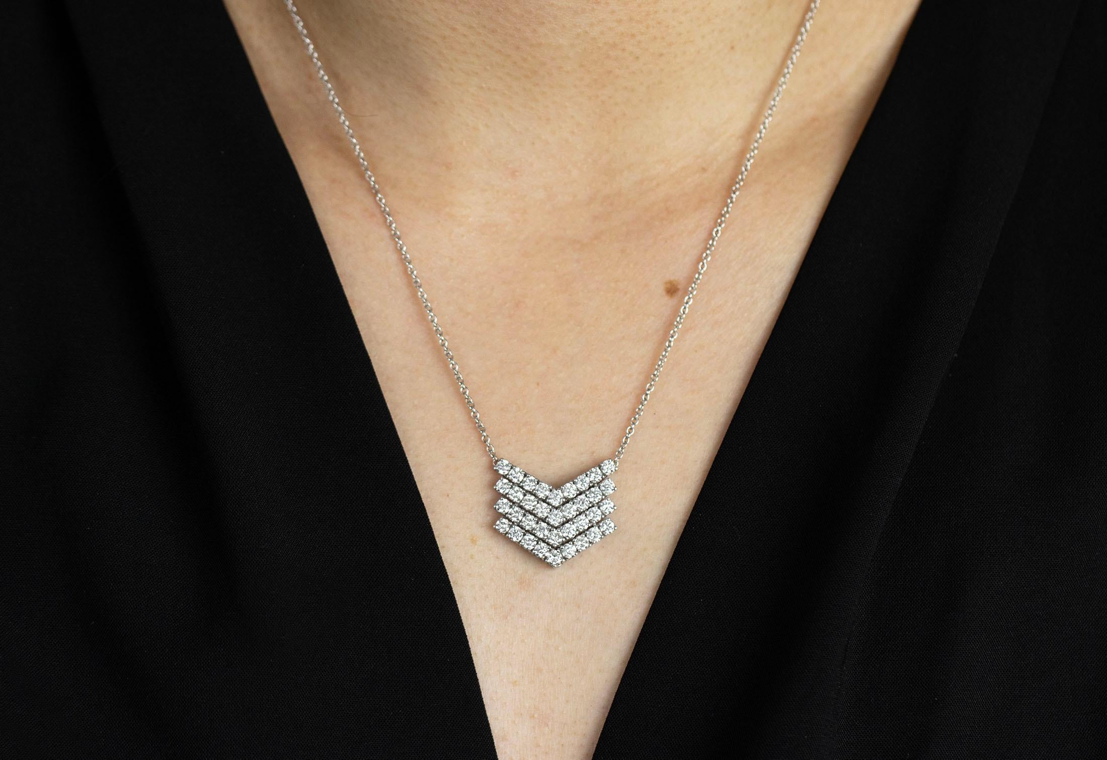 Contemporary Roman Malakov 2.96 Carats Total Round Diamond Chevron Pattern Pendant Necklace For Sale