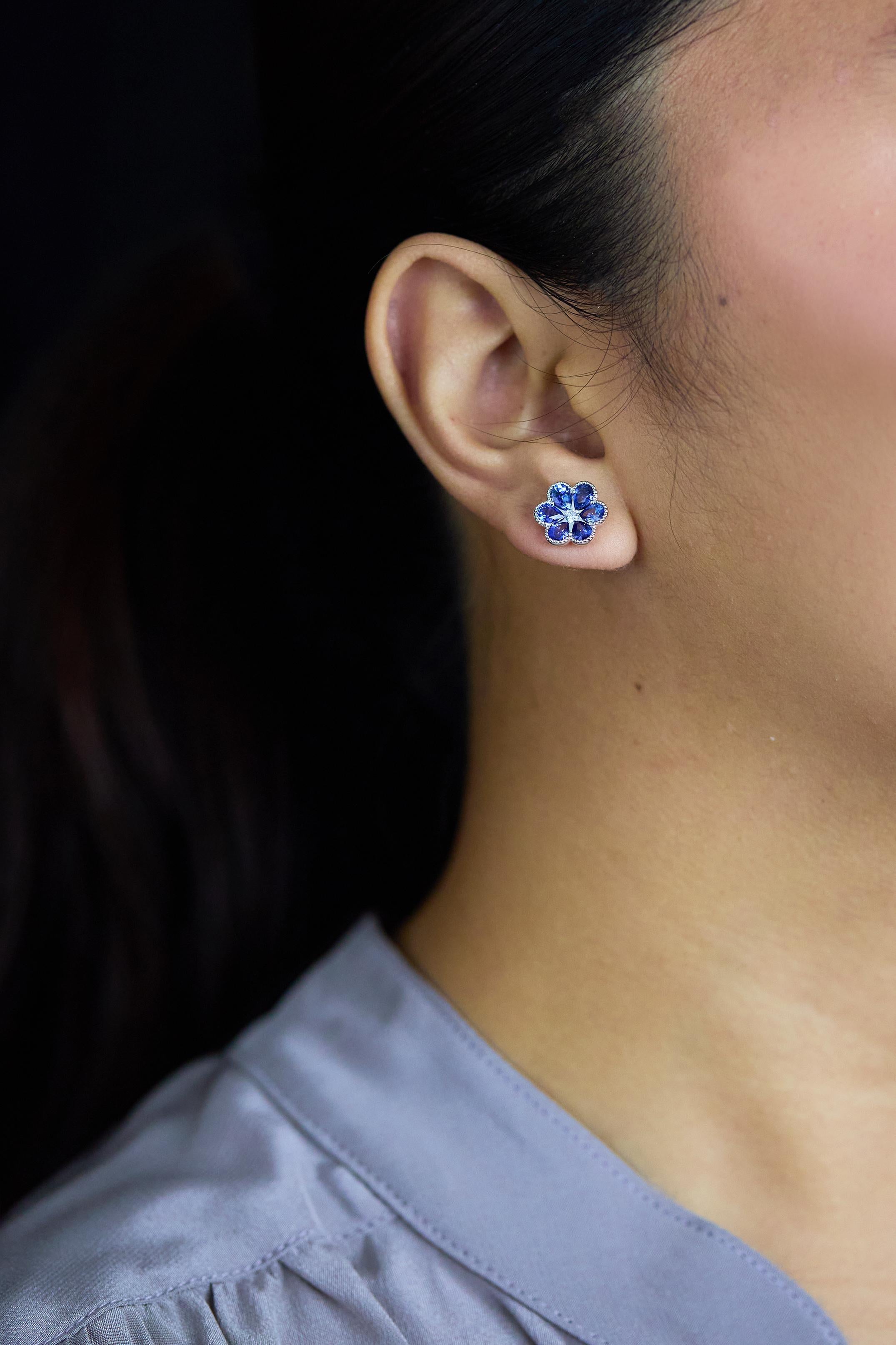 Pear Cut Roman Malakov 3.04 Carats Pear Shape Sapphire & Diamond Floral Stud Earrings For Sale