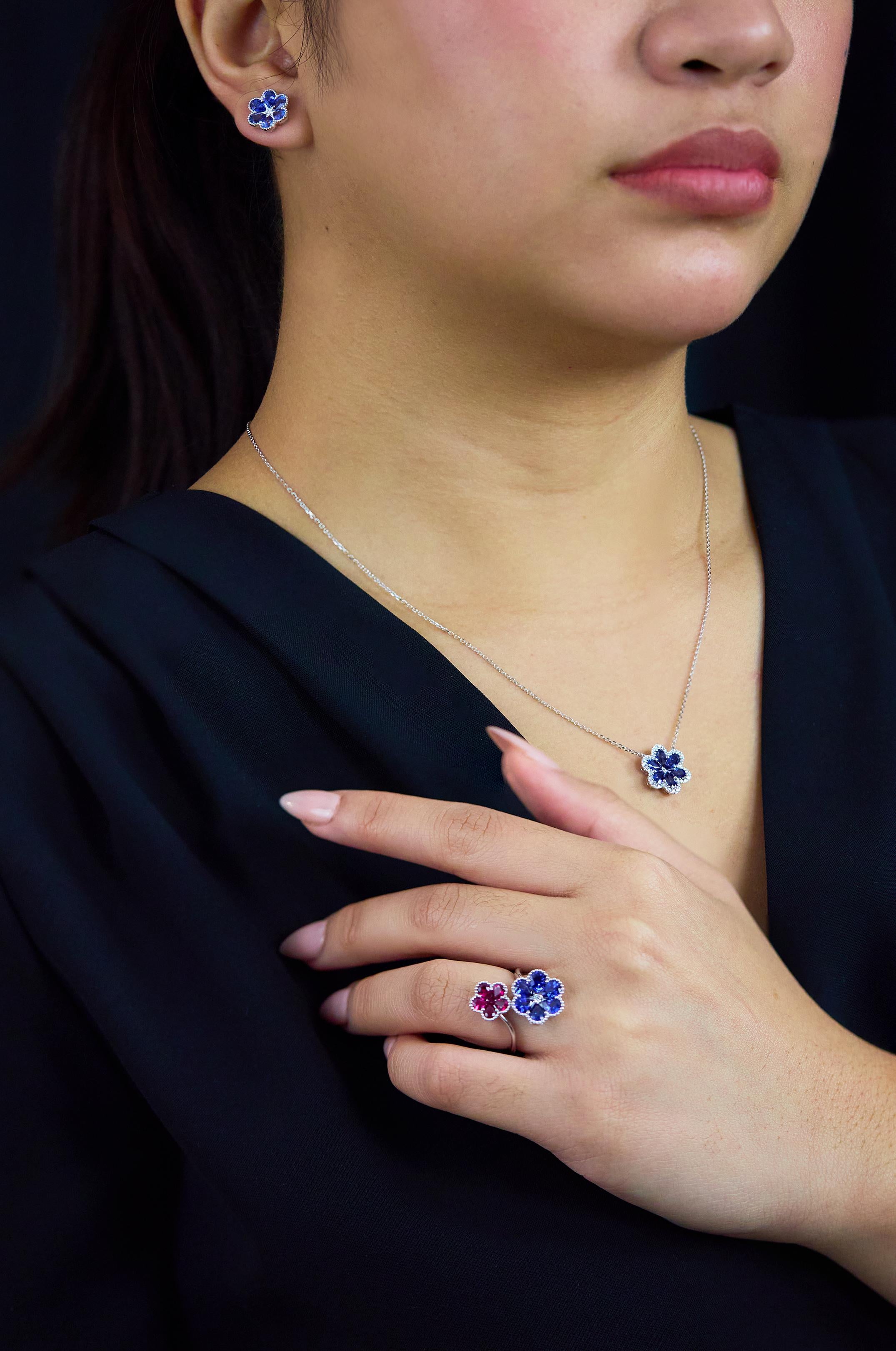 Women's Roman Malakov 3.04 Carats Pear Shape Sapphire & Diamond Floral Stud Earrings For Sale