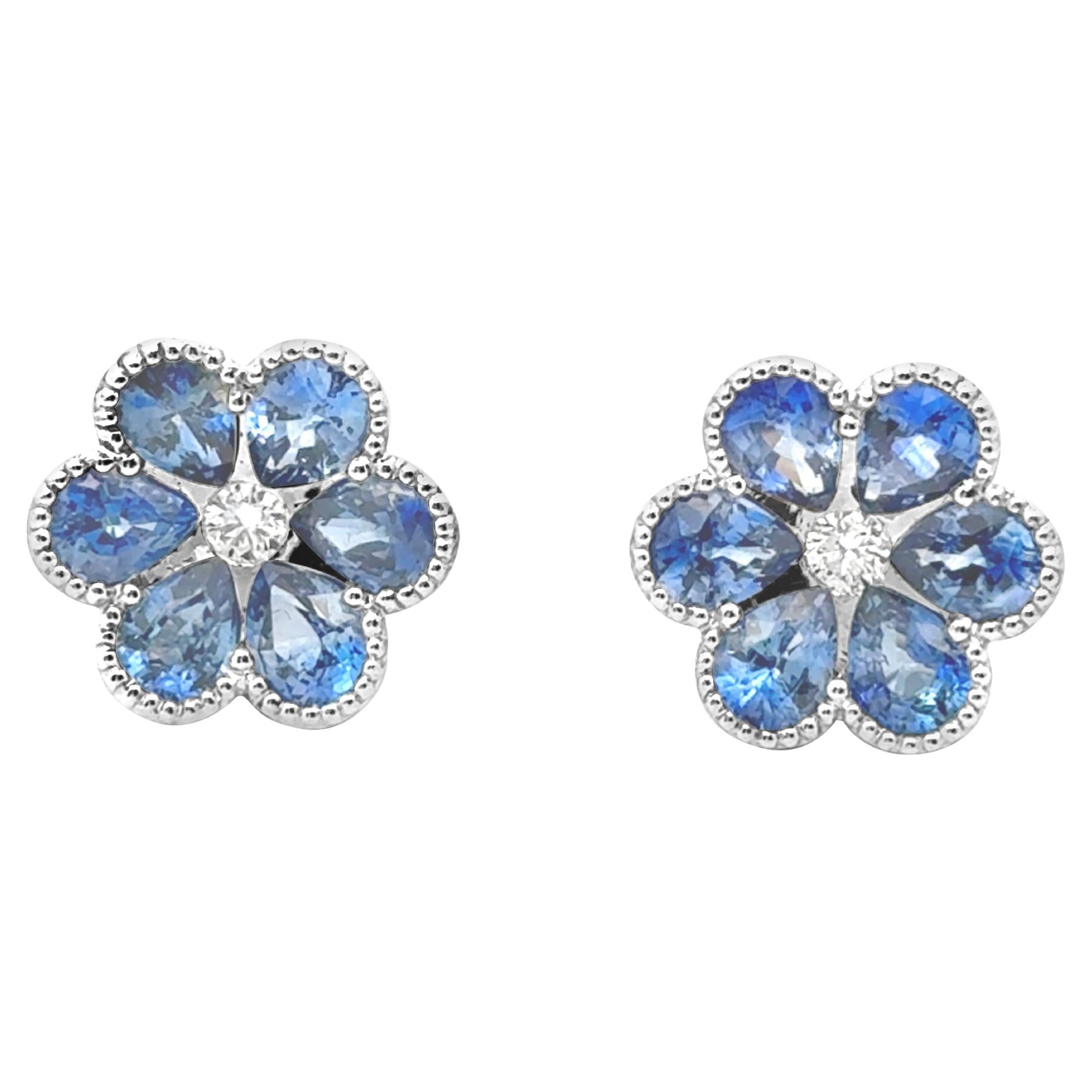 Roman Malakov 3.04 Carats Pear Shape Sapphire & Diamond Floral Stud Earrings