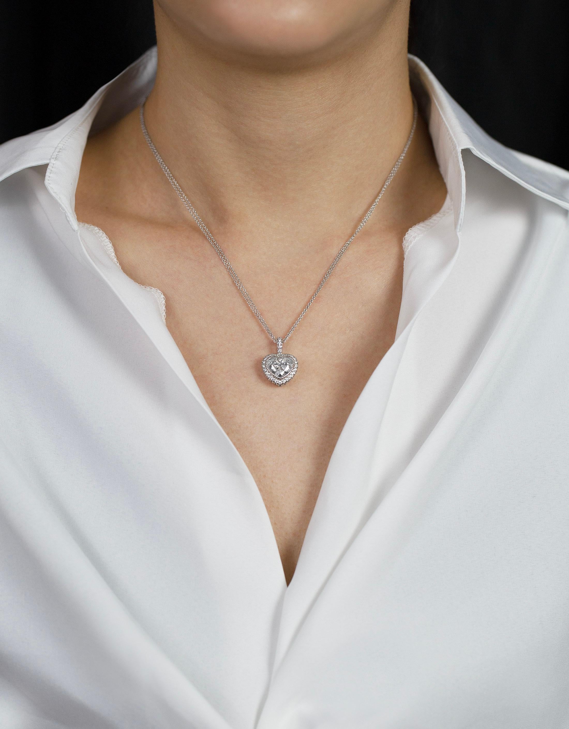 Heart Cut Roman Malakov 3.05 Carats Heart Shape Diamond Halo Pendant Necklace For Sale