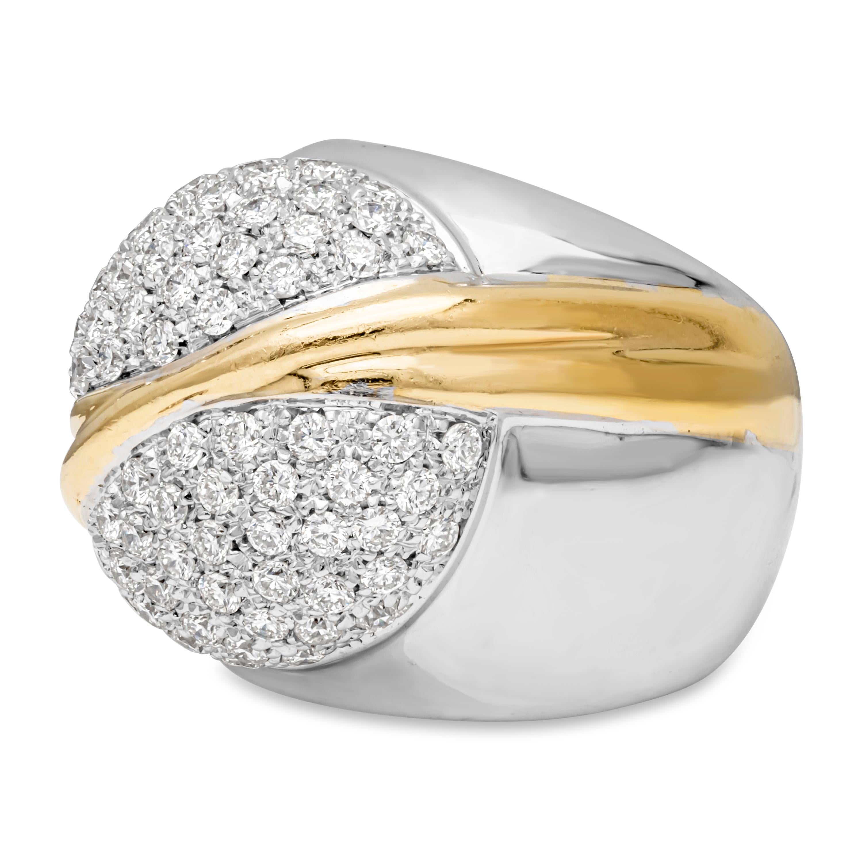 An exquisite and artistic wide fashion ring, showcasing 78 round brilliant cut diamonds weighing 3.06 carats total with G color and VS-SI clarity, set on a timeless micropavé dome design. Perfectly made with 18K white gold and yellow gold, 20.7 mm