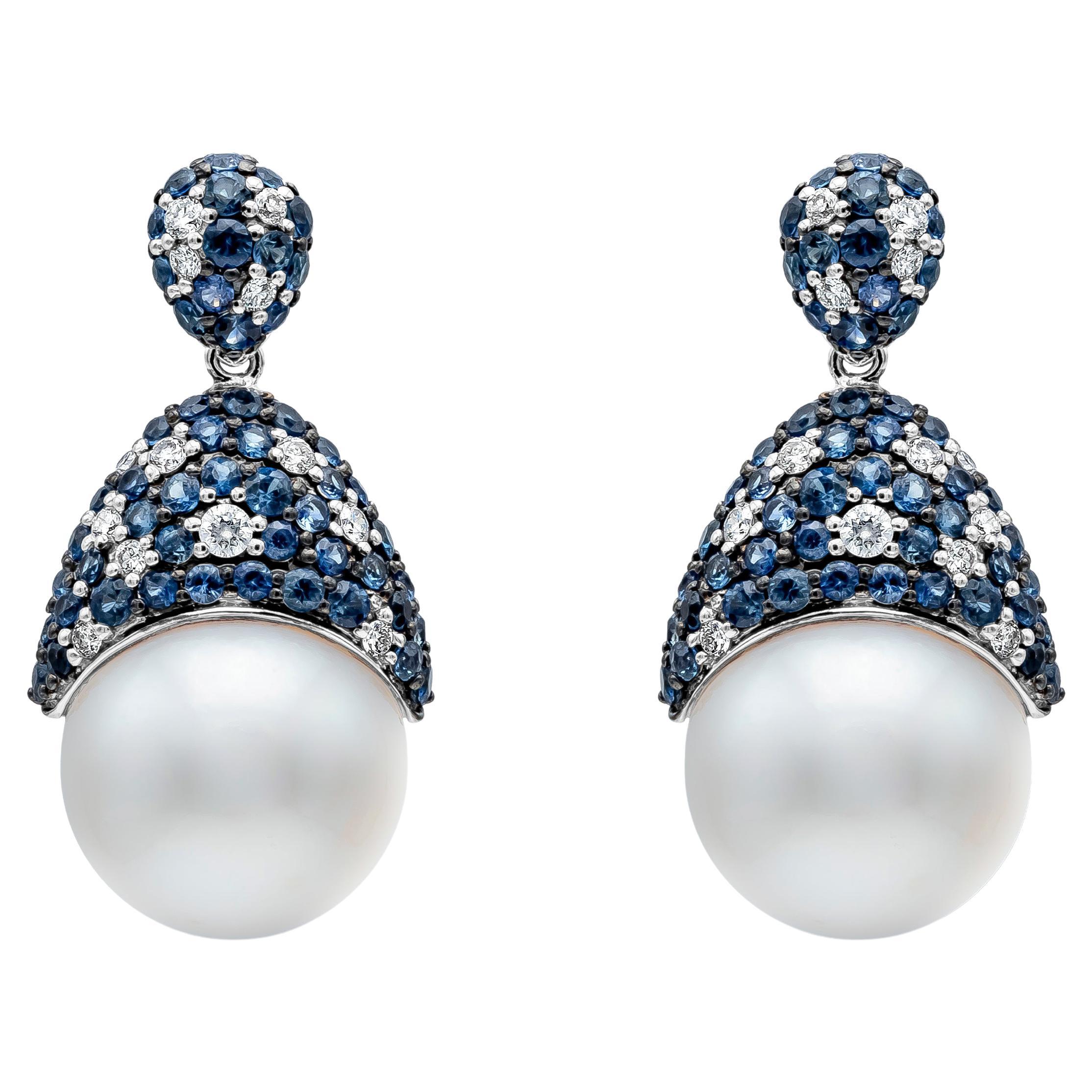 Roman Malakov 3.07 Carat Total Blue Sapphire and South Sea Pearl Stud Earrings