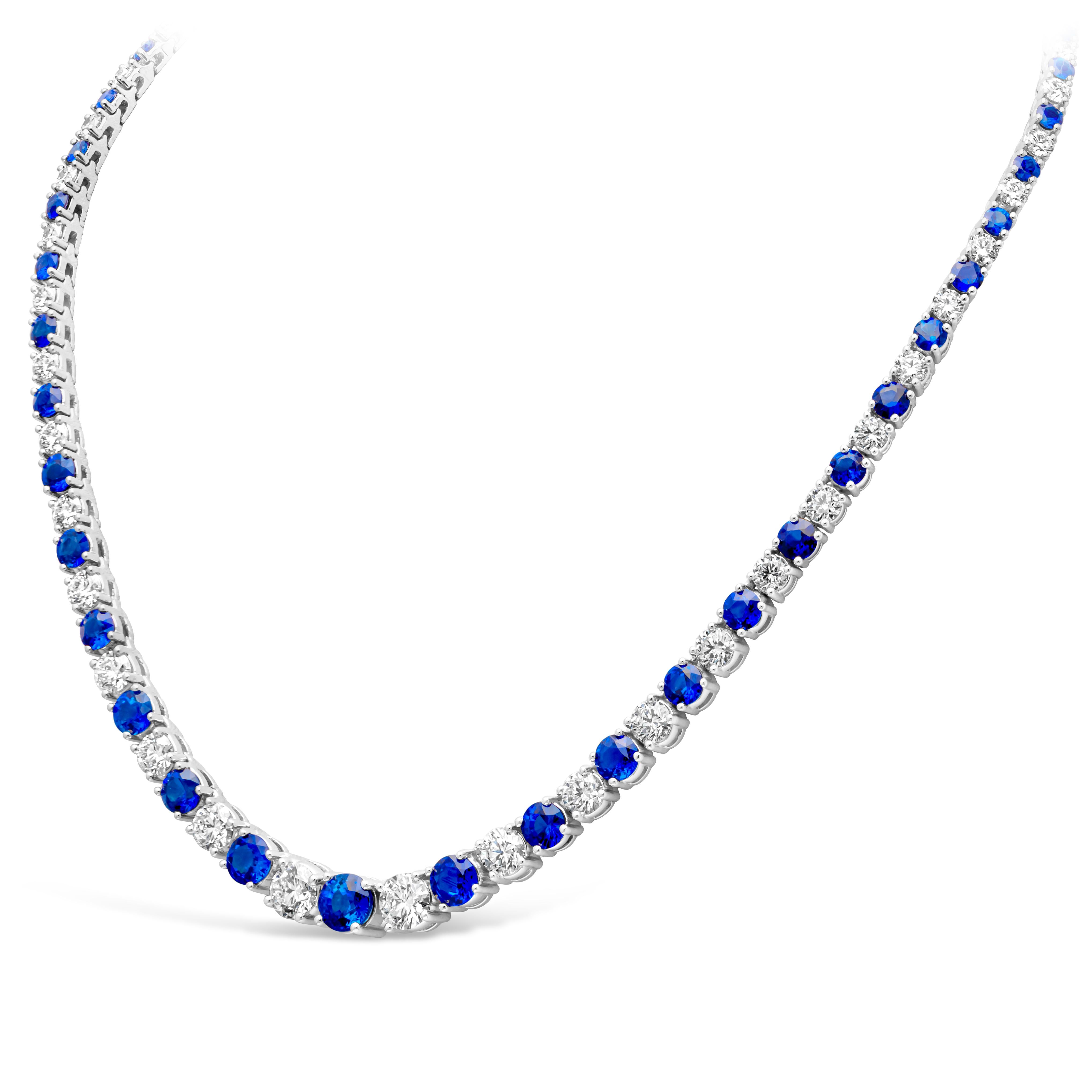 Contemporary Roman Malakov 30.81 Carat Total Round Sapphire & Diamond Riviere Tennis Necklace For Sale