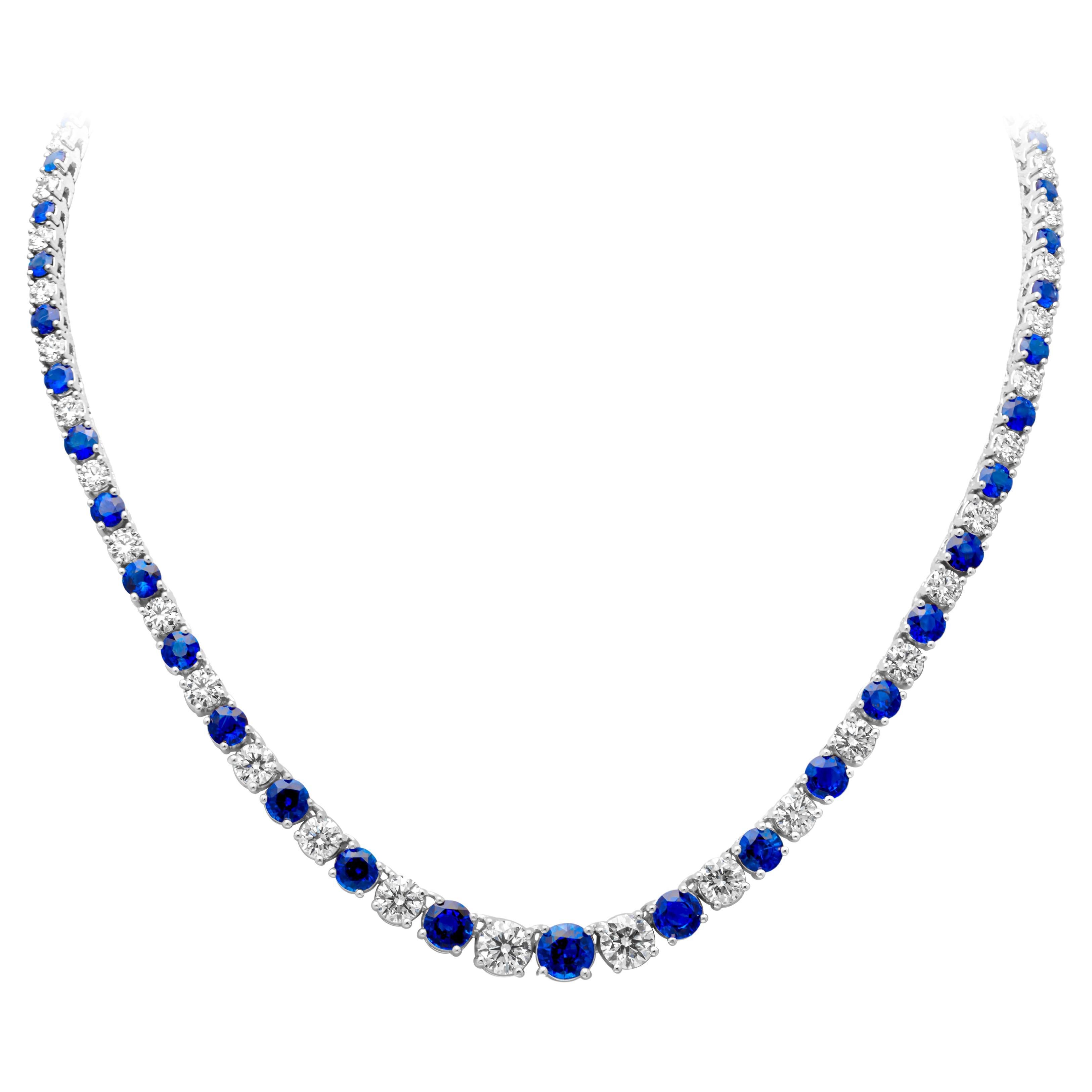 30.81 Carats Total Round Brilliant Sapphire & Diamond Riviera Tennis Necklace