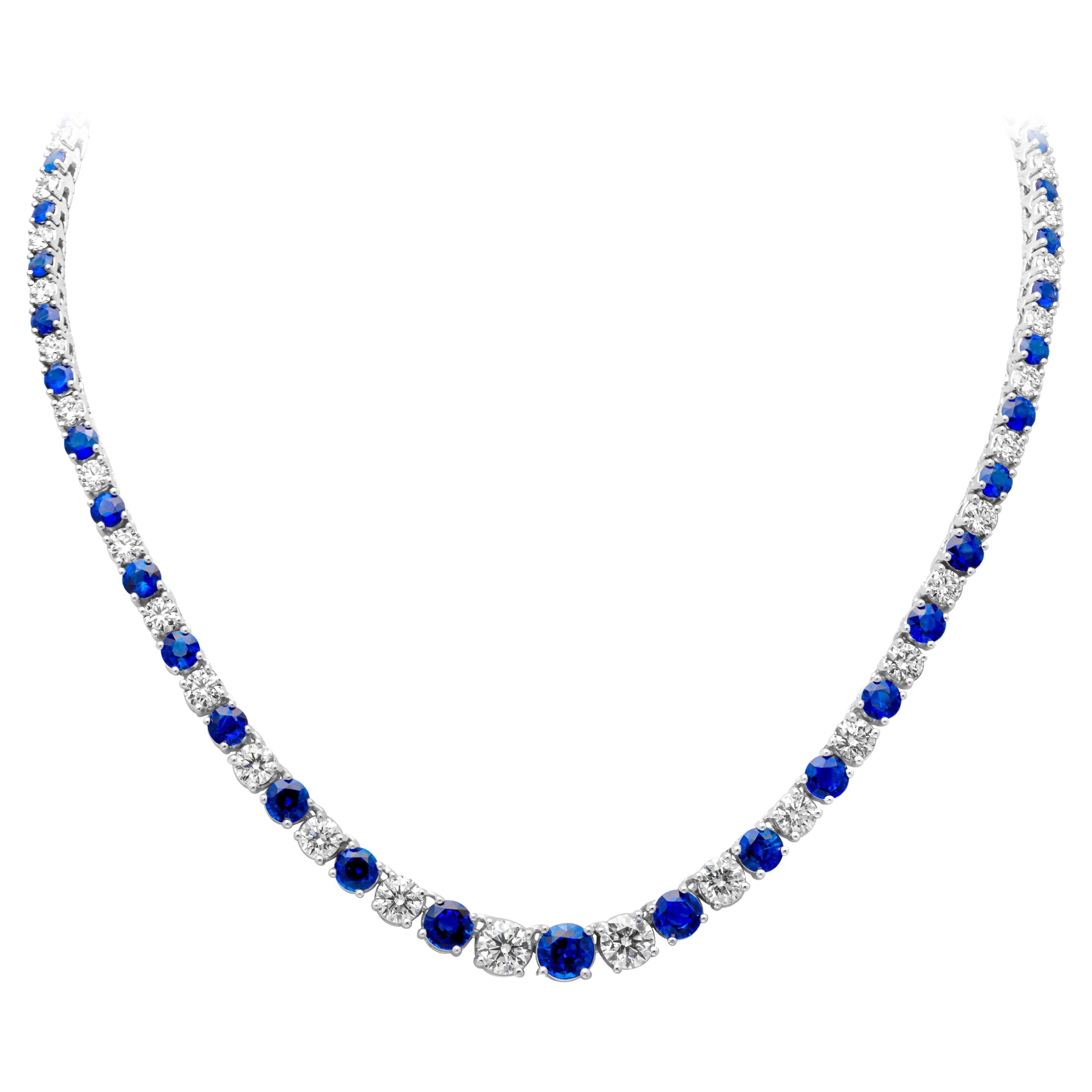 Roman Malakov 30.81 Carat Total Round Sapphire & Diamond Riviere Tennis Necklace For Sale