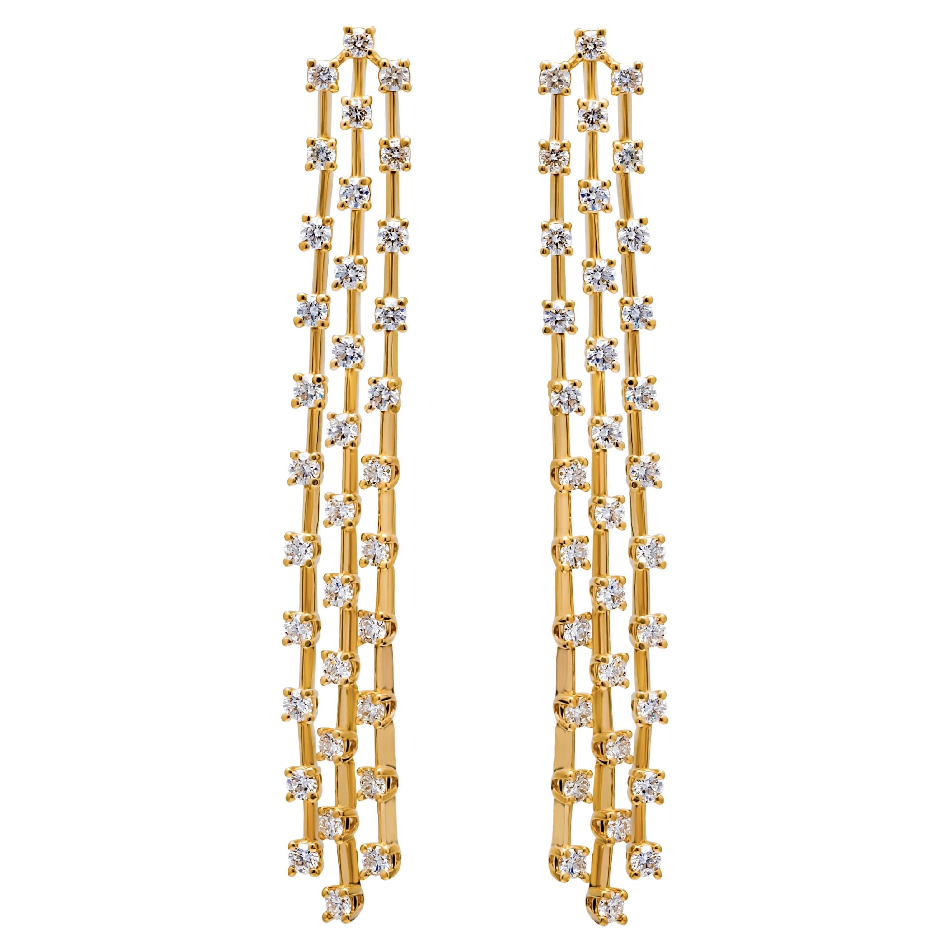 Roman Malakov 3.10 Carats Total Round Cut Diamond Three-Row Chandelier Earrings For Sale