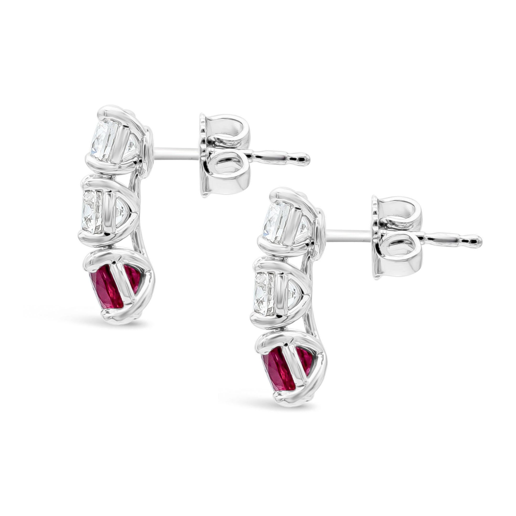 Contemporary Roman Malakov 3.11 Carats Total Round Cut Burma Ruby and Diamond Drop Earrings For Sale