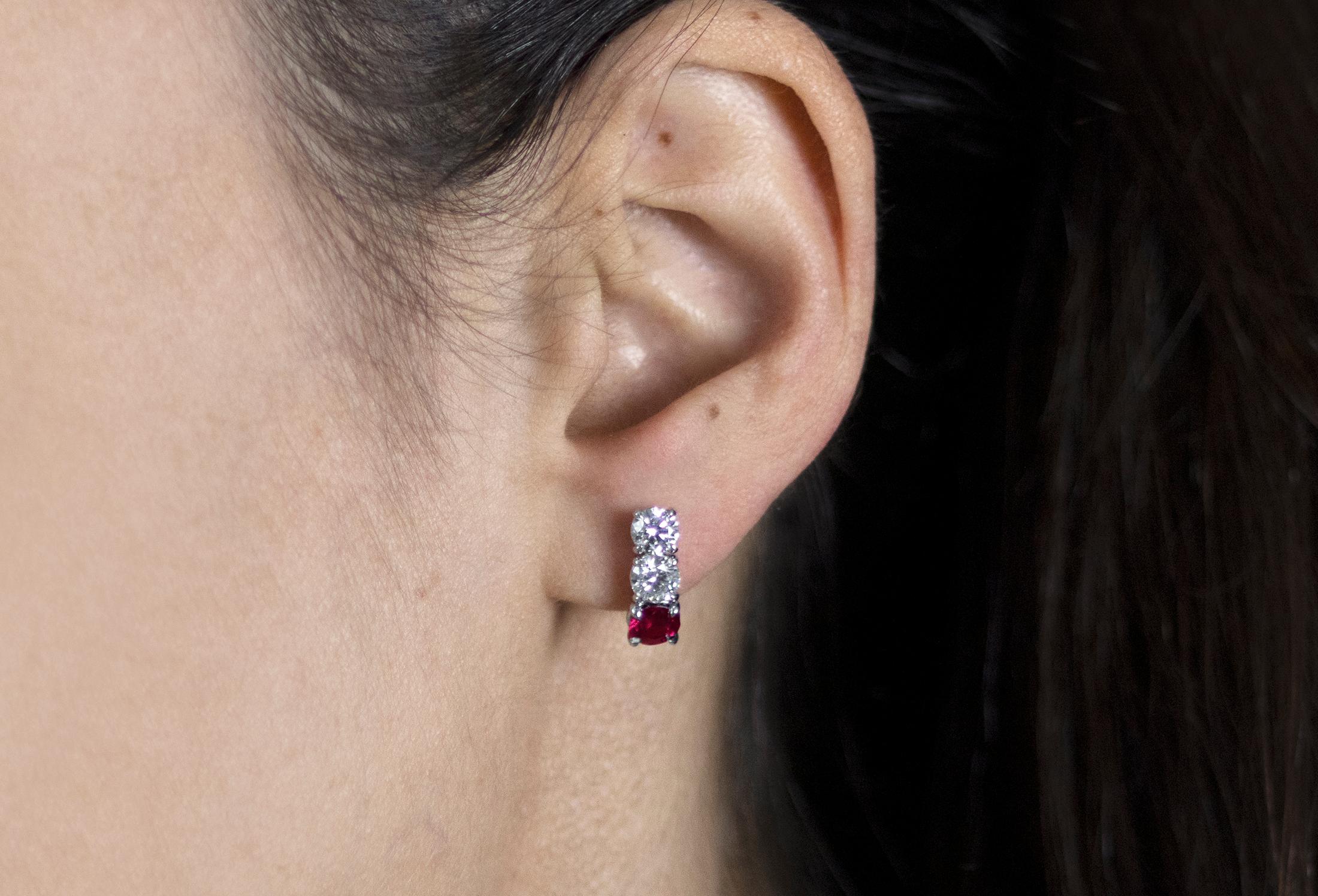 Women's Roman Malakov 3.11 Carats Total Round Cut Burma Ruby and Diamond Drop Earrings For Sale