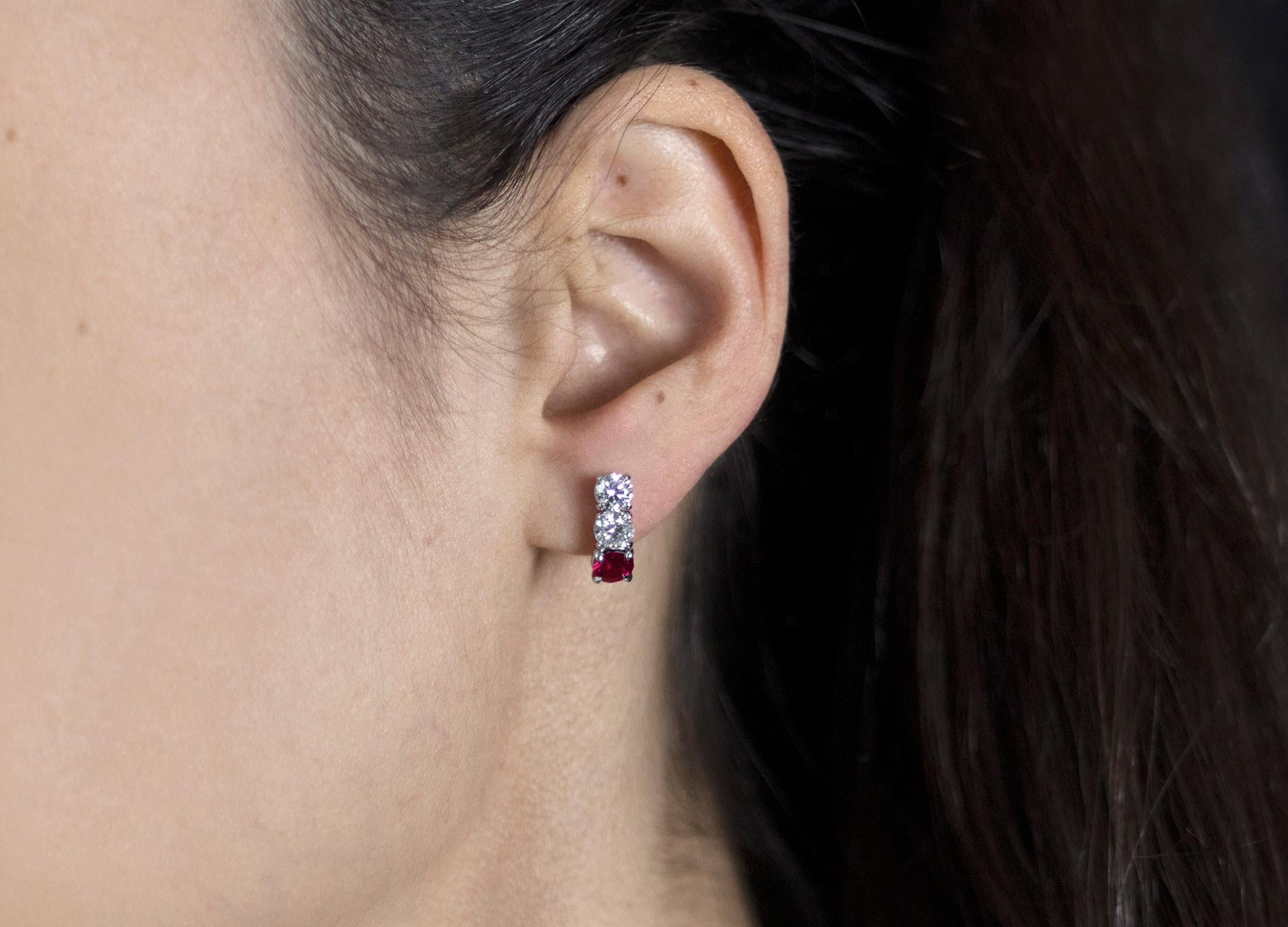 Roman Malakov 3.11 Carats Total Round Cut Burma Ruby and Diamond Drop Earrings For Sale 1
