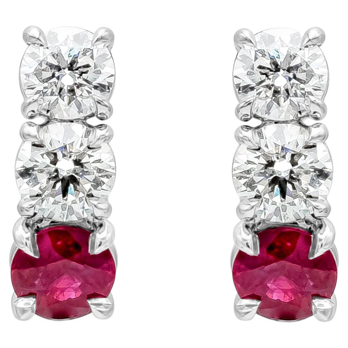 Roman Malakov 3.11 Carats Total Round Cut Burma Ruby and Diamond Drop Earrings For Sale