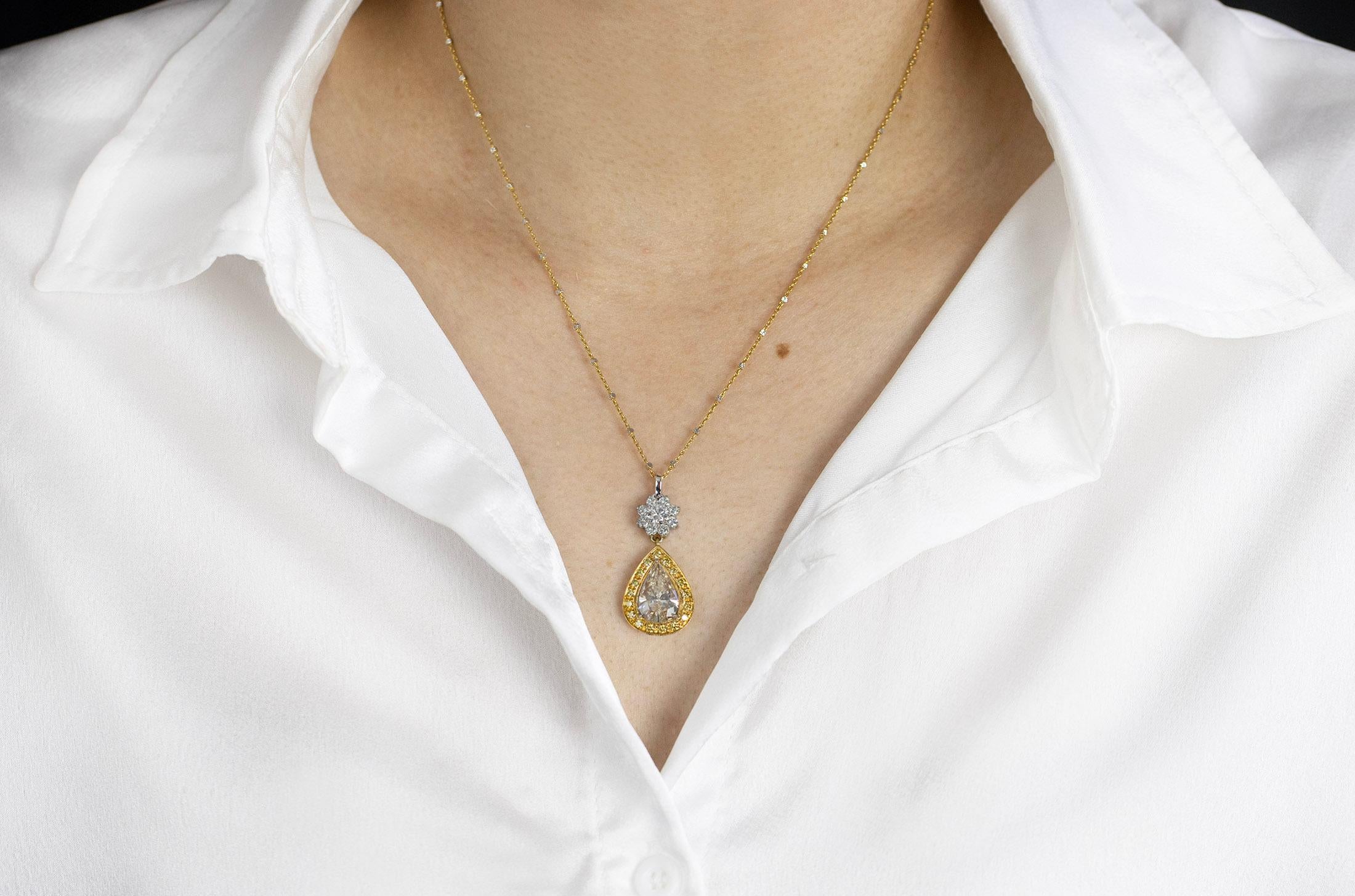 Contemporary GIA Certified 3.12 Carats Light Brown Pear Shape Diamond Drop Pendant Necklace For Sale