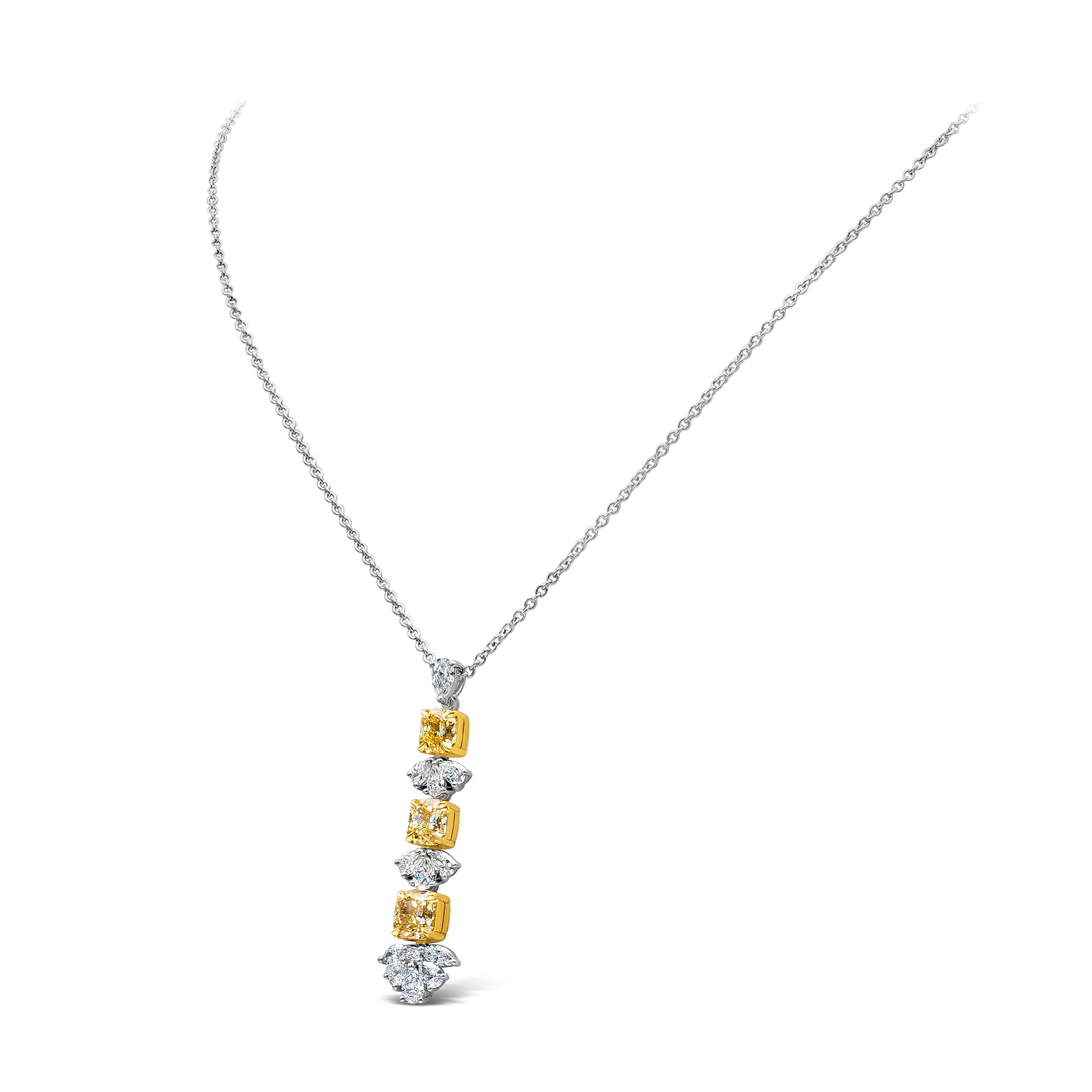 Contemporary Roman Malakov 3.13 Carat Total Radiant Cut Fancy Yellow Drop Pendant Necklace For Sale